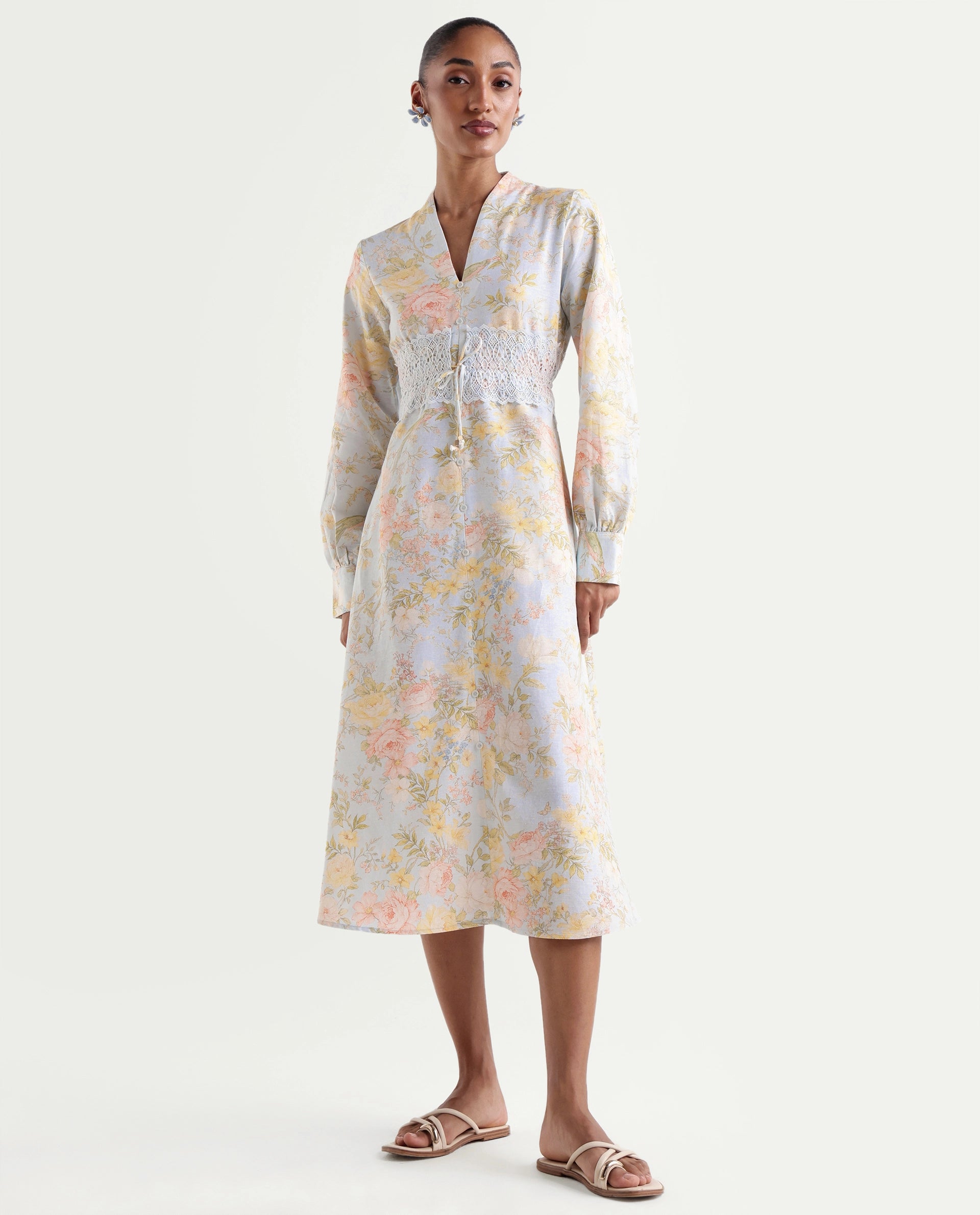 Rareism Women's Rurin Pastel Blue Viscose Blend Built-Up A-Line Floral Print Dress