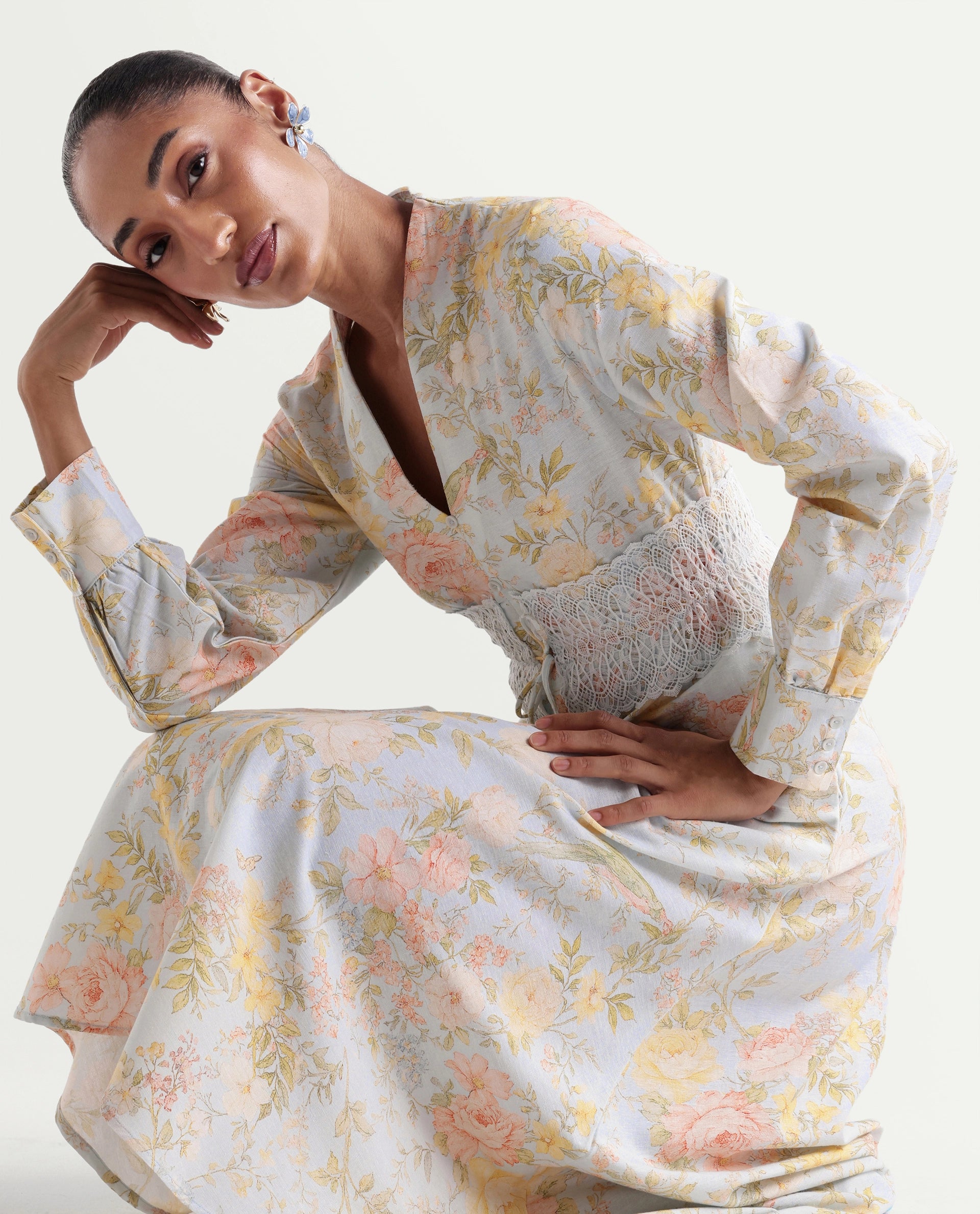 Rareism Women's Rurin Pastel Blue Viscose Blend Built-Up A-Line Floral Print Dress