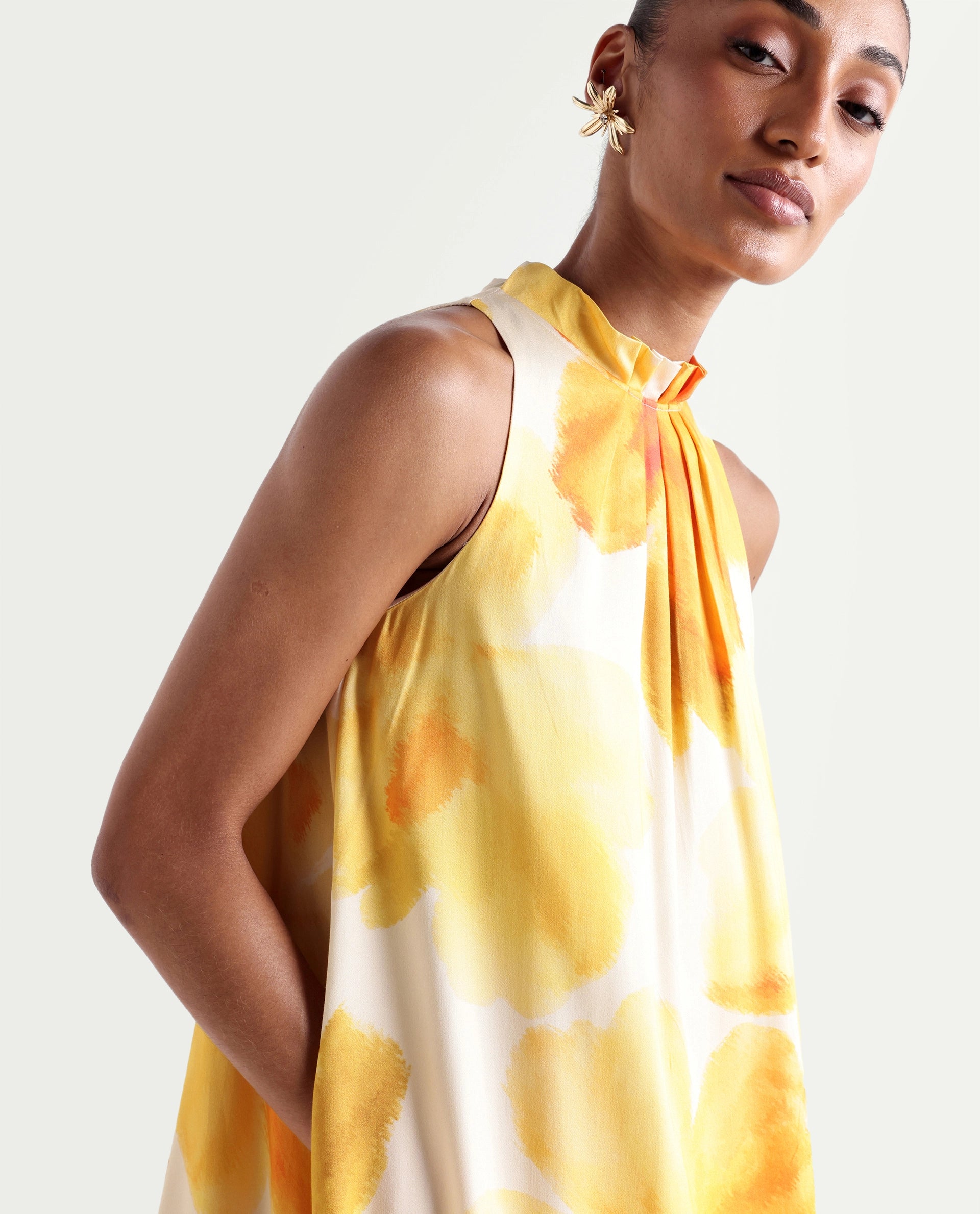 Rareism Women's Rusin Yellow Viscose Halter Neck A-Line Floral Print Dress