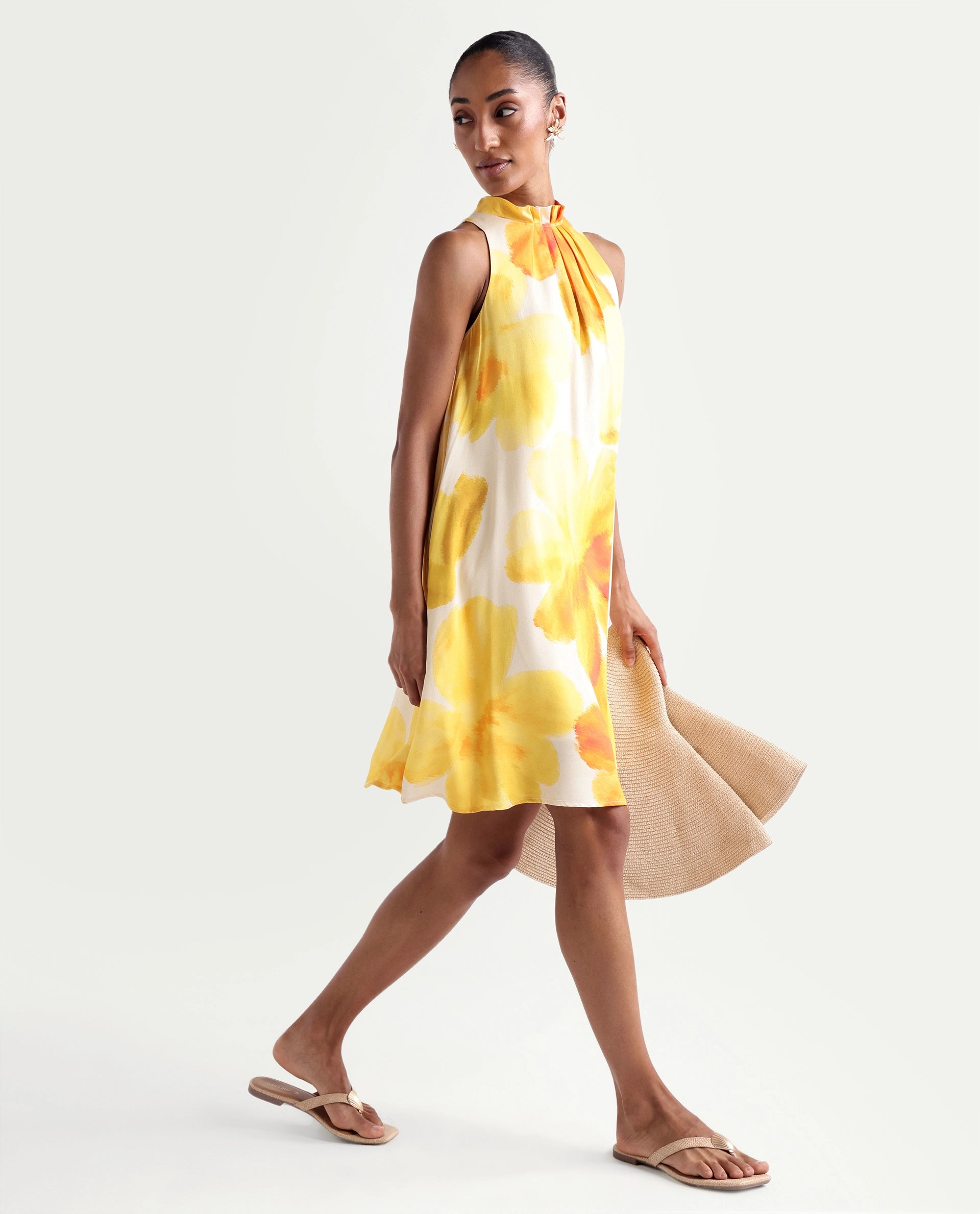 Rareism Women's Rusin Yellow Viscose Halter Neck A-Line Floral Print Dress