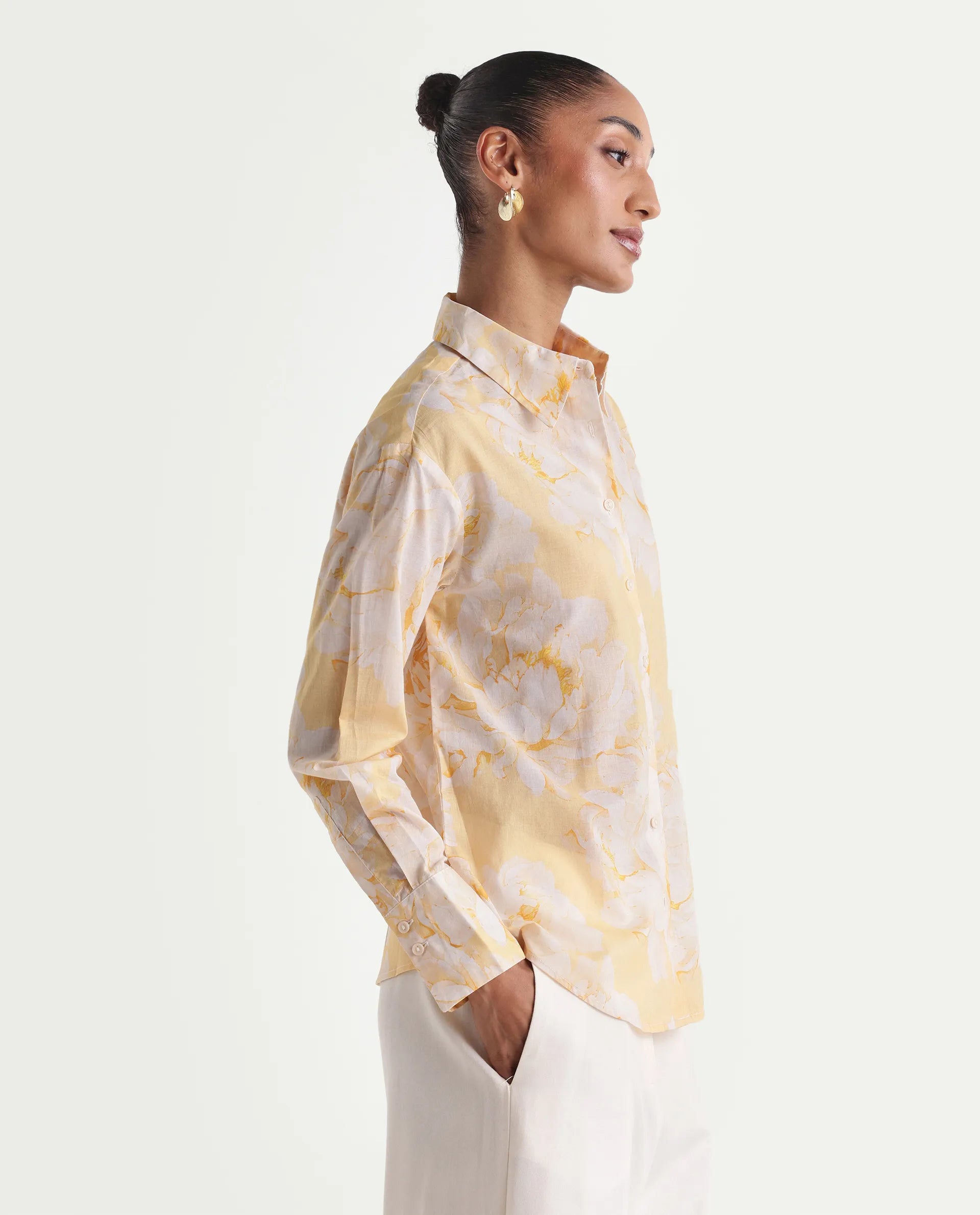 Rareism Women's Rufin Pastel Yellow Cotton Spread Collar Relaxed Floral Print Shirt