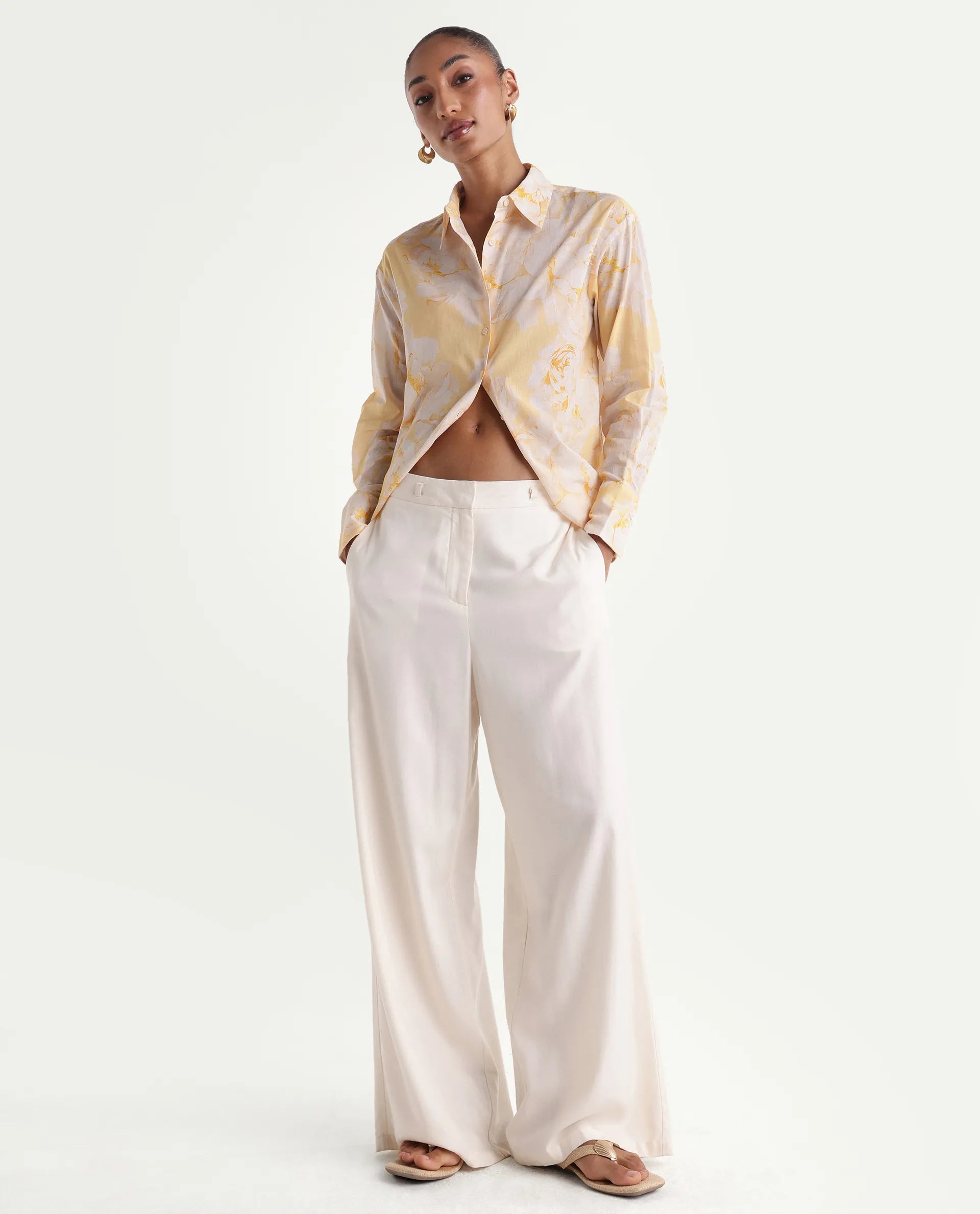 Rareism Women's Rufin Pastel Yellow Cotton Spread Collar Relaxed Floral Print Shirt