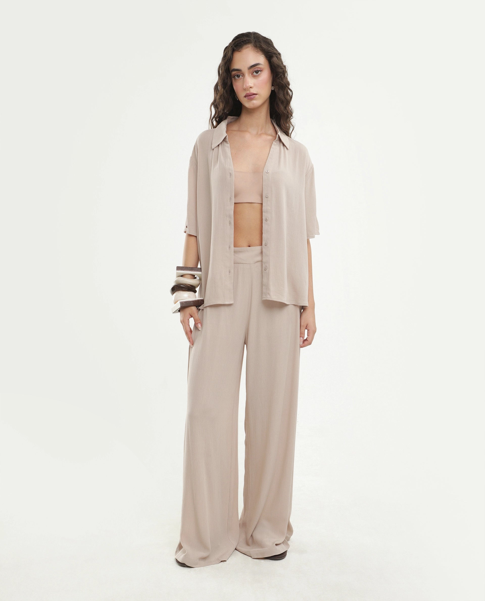 Rareism Women's Vaxon-B Beige Viscose Fabric Ankle length Wide Leg Plain Trouser