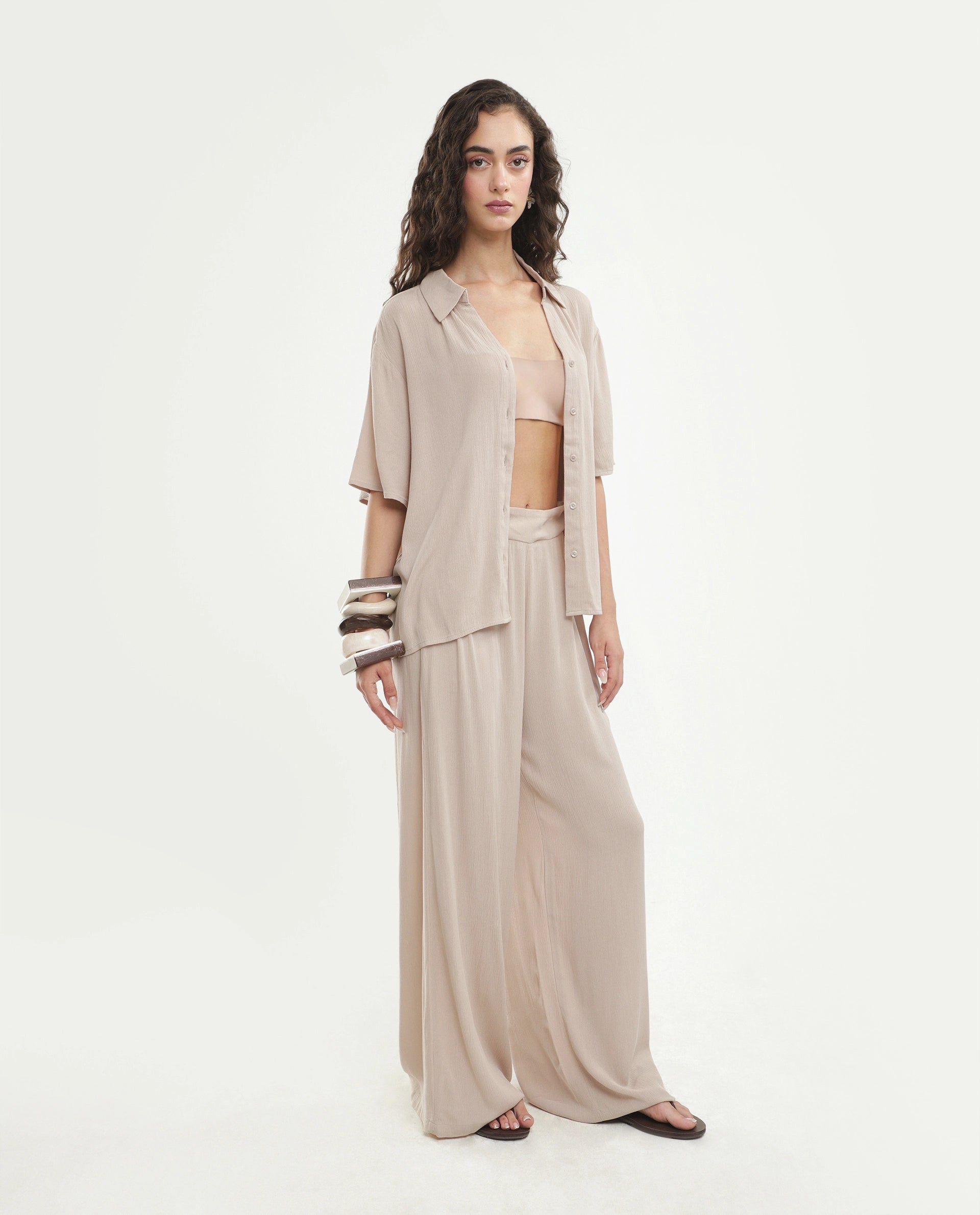 Rareism Women's Vaxon-B Beige Viscose Fabric Ankle length Wide Leg Plain Trouser
