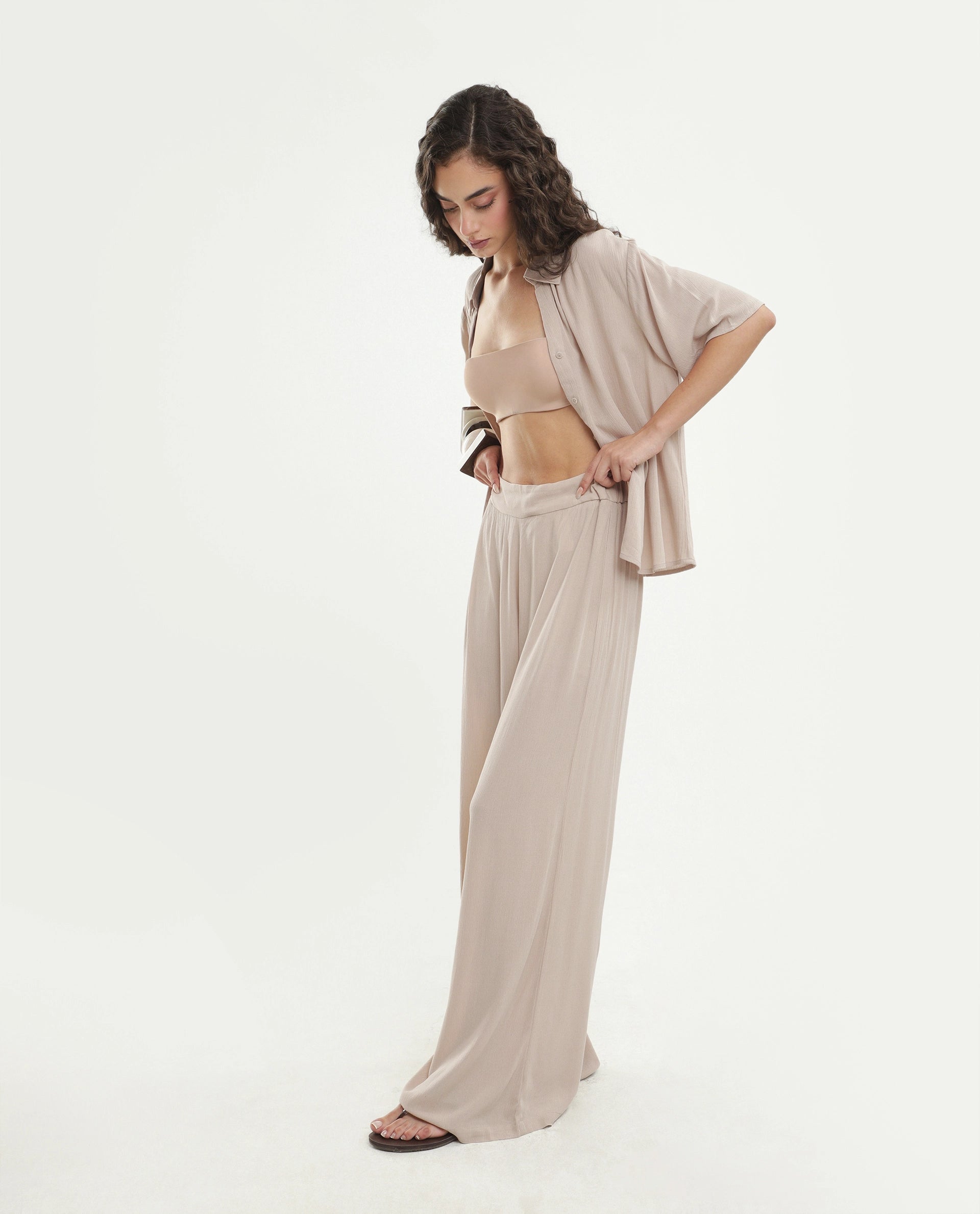 Rareism Women's Vaxon-B Beige Viscose Fabric Ankle length Wide Leg Plain Trouser