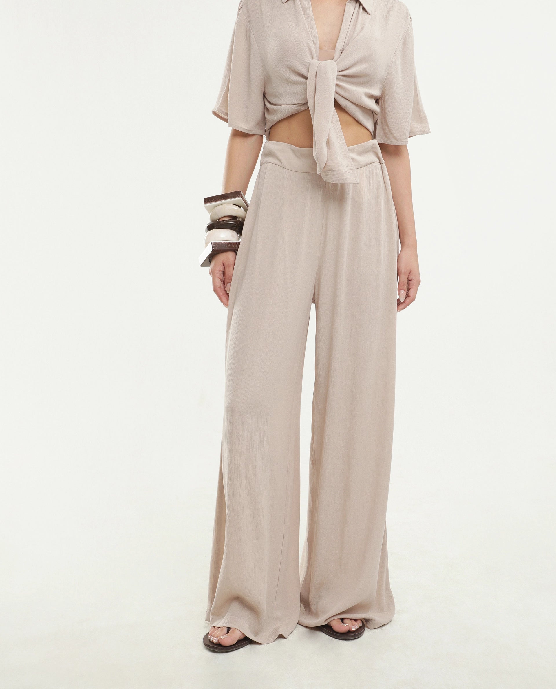 Rareism Women's Vaxon-B Beige Viscose Fabric Ankle length Wide Leg Plain Trouser