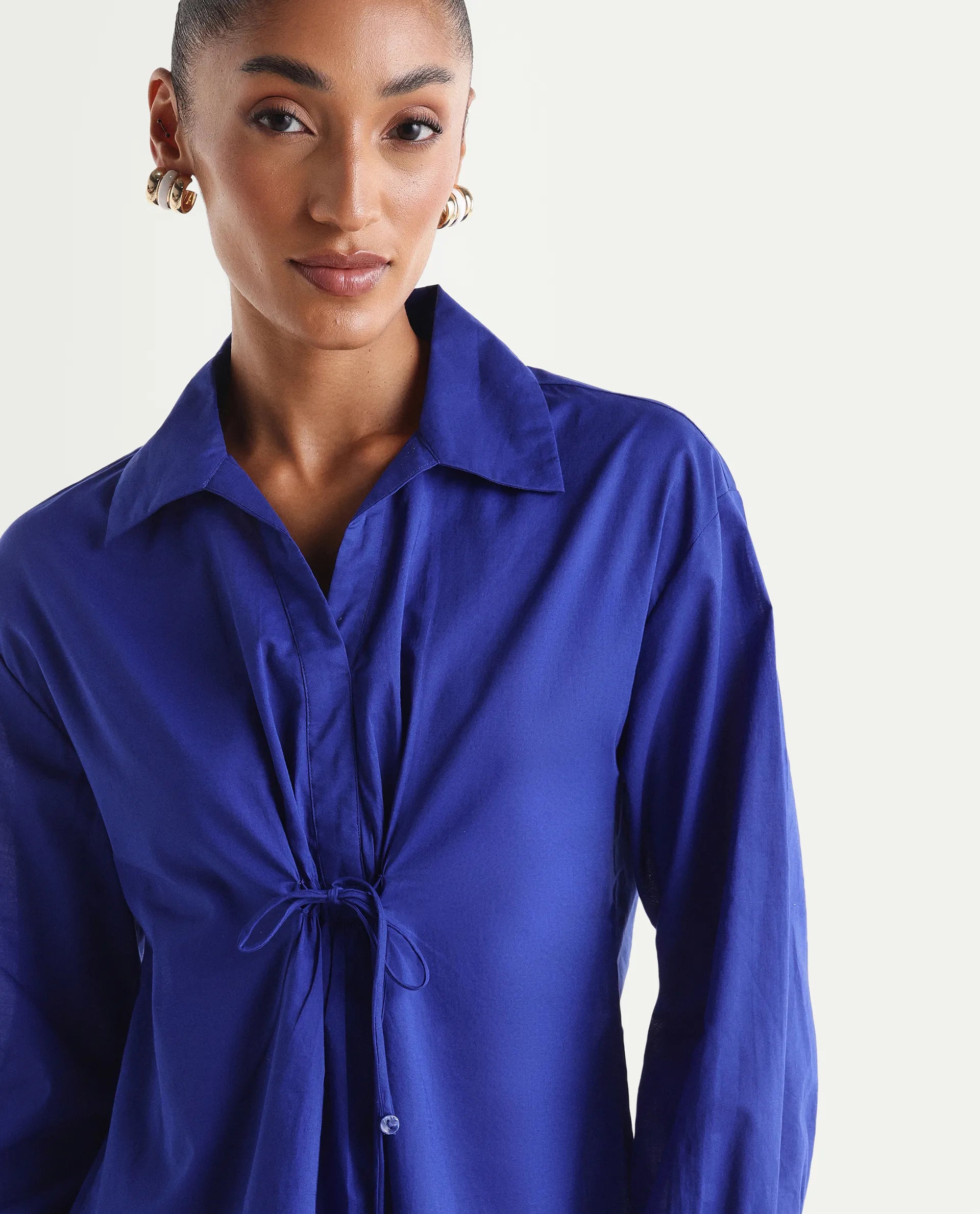 Rareism Women's Vimon Dark Blue Cotton Johnny Collar Relaxed Plain Top