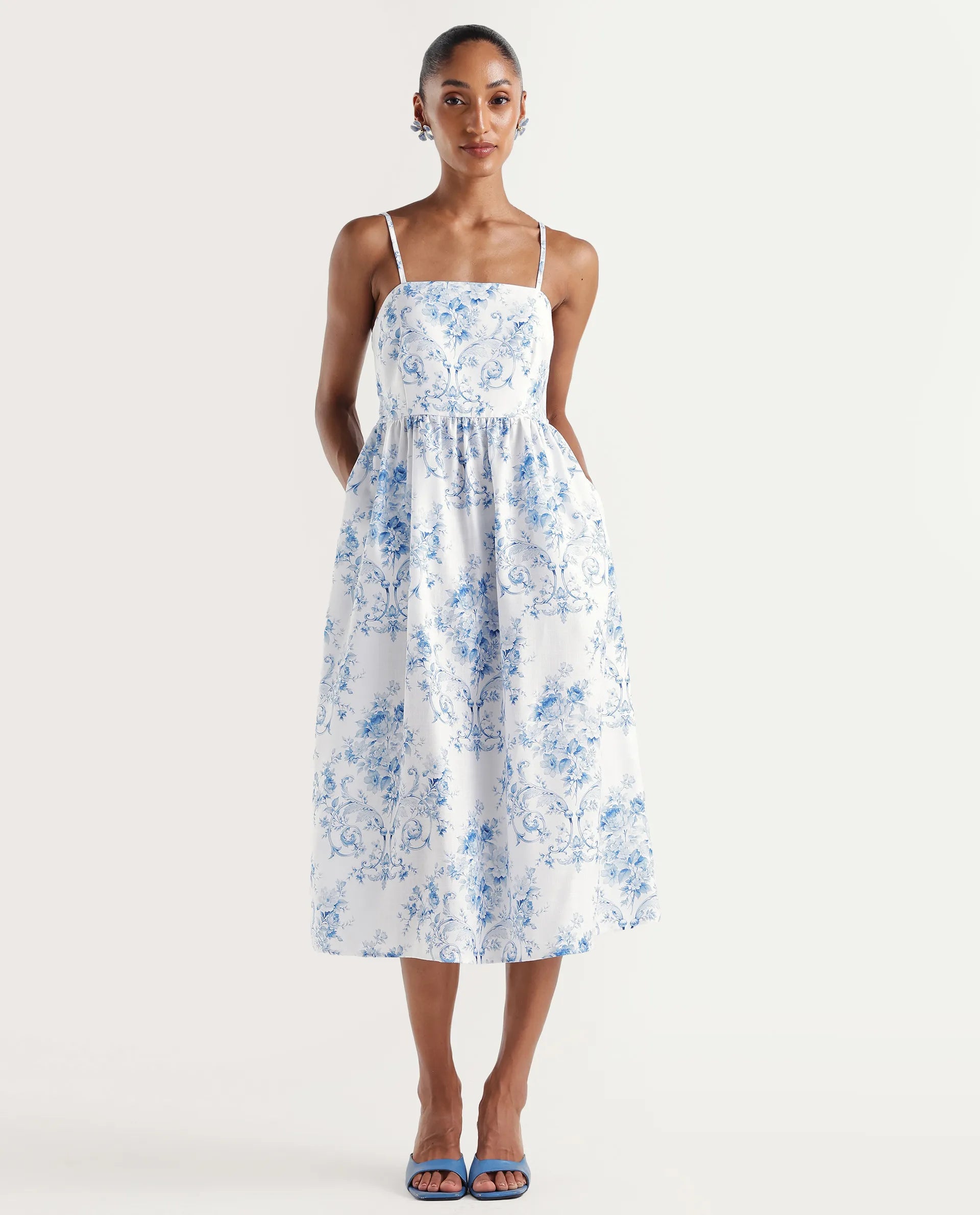 Rareism Women's Vaniko White Polyester Tube Neck Fit And Flare Floral Print Dress