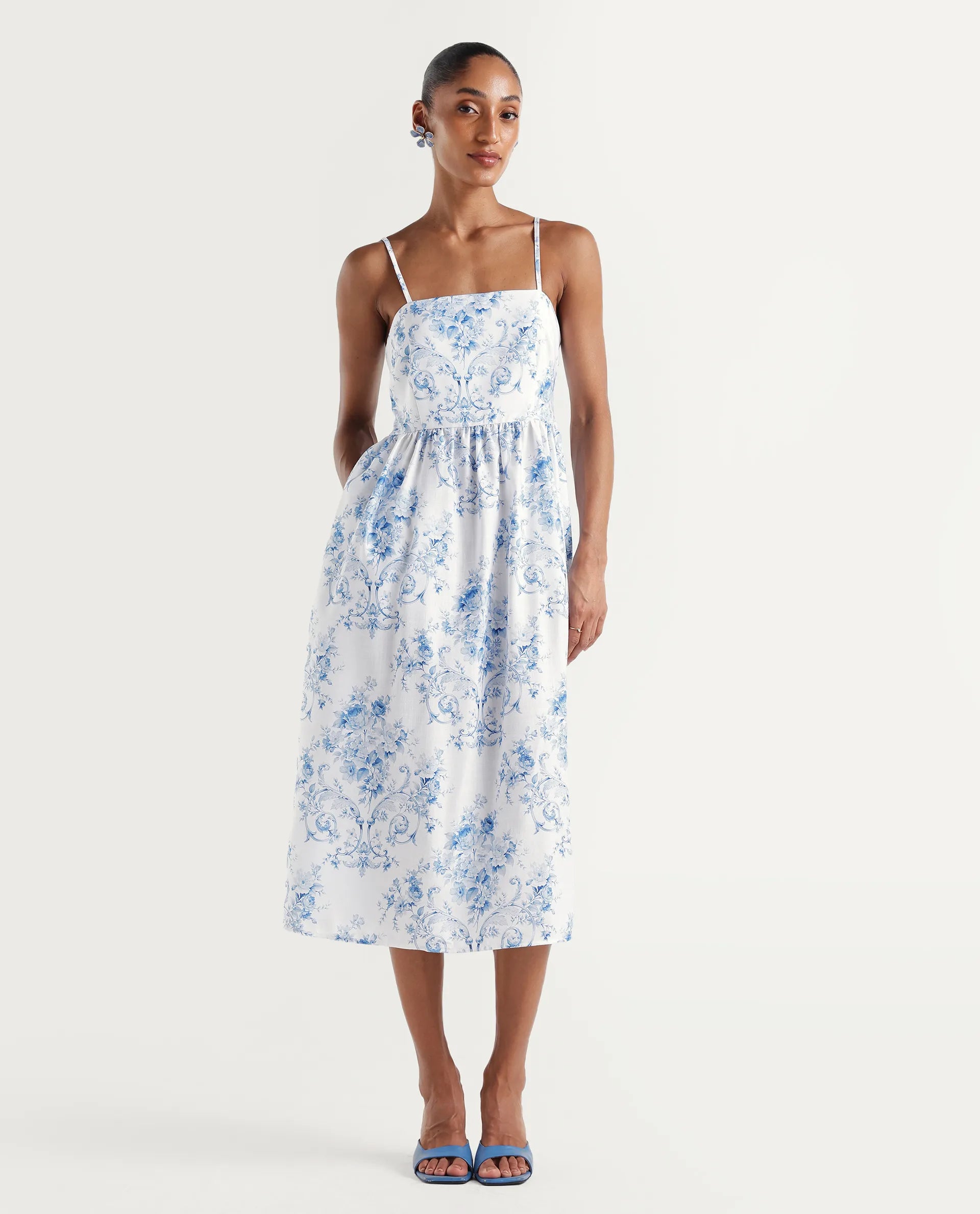 Rareism Women's Vaniko White Polyester Tube Neck Fit And Flare Floral Print Dress