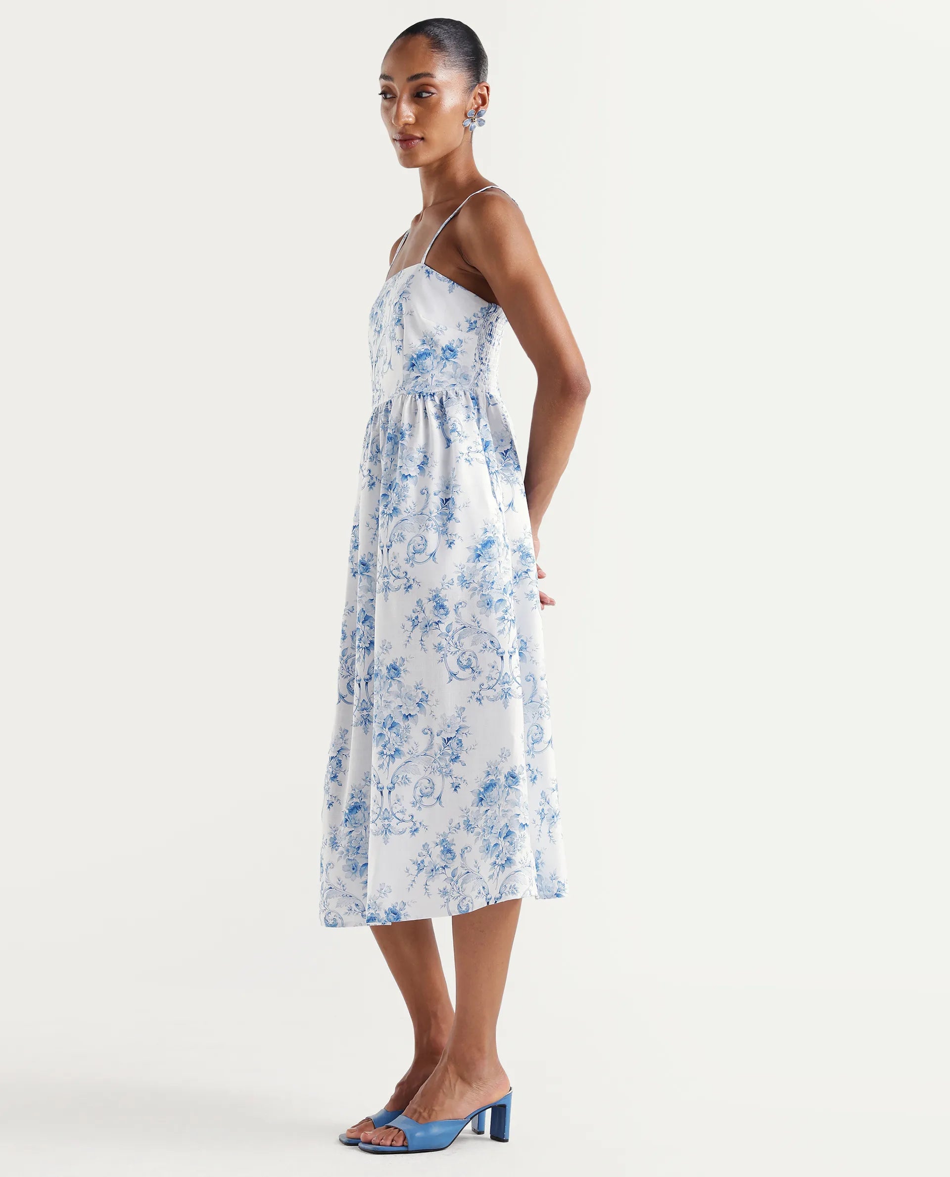 Rareism Women's Vaniko White Polyester Tube Neck Fit And Flare Floral Print Dress