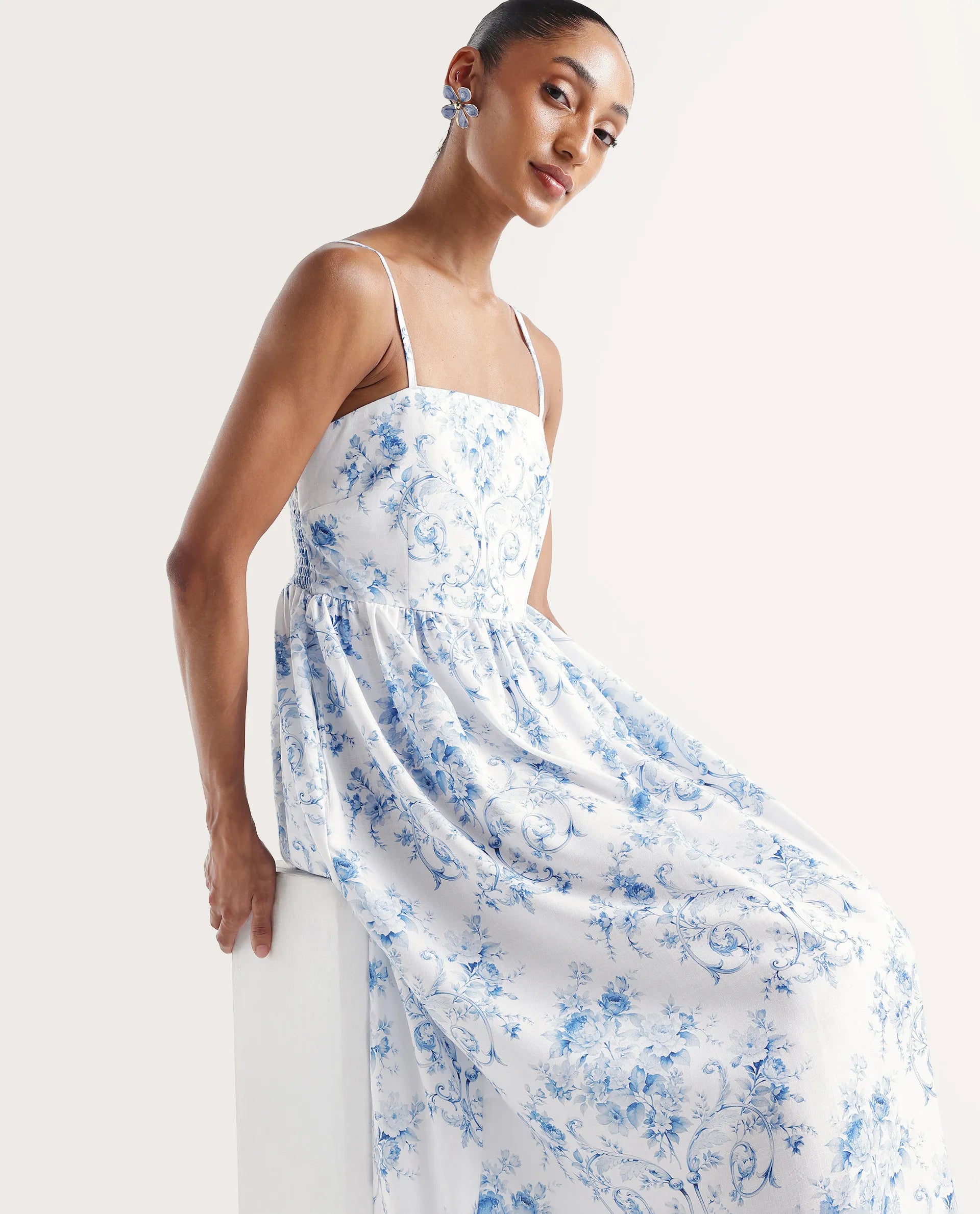 Rareism Women's Vaniko White Polyester Tube Neck Fit And Flare Floral Print Dress