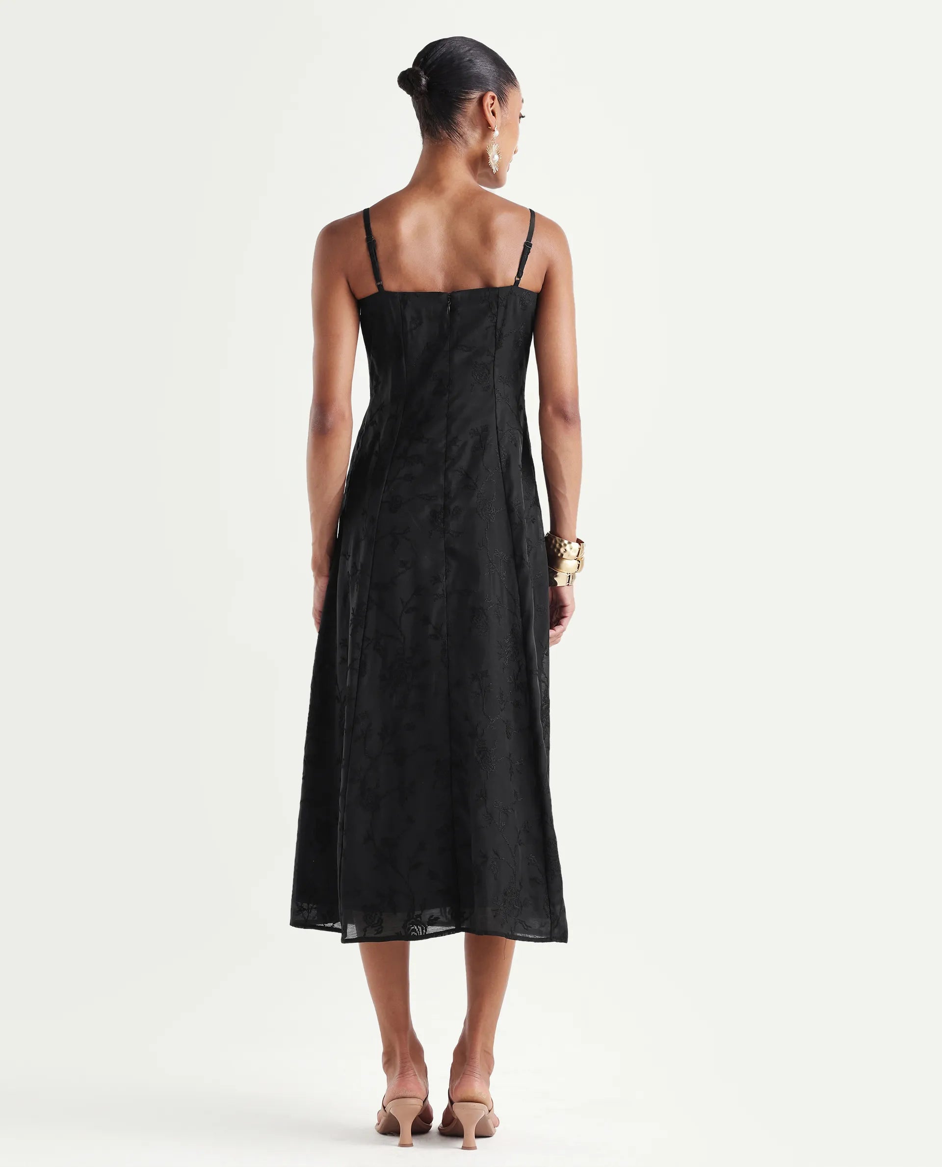 Rareism Women's Trini Dark Black Viscose Fit And Flare Plain Dress