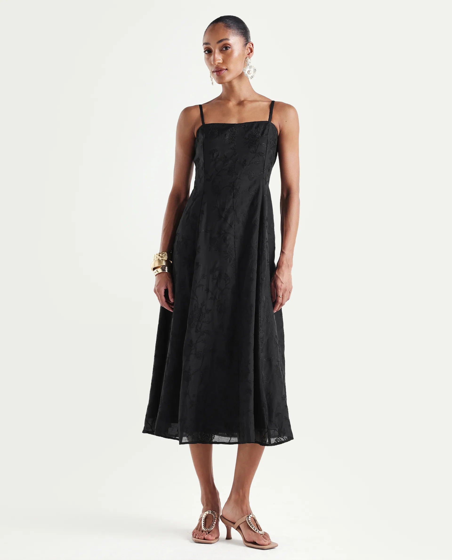Rareism Women's Trini Dark Black Viscose Fit And Flare Plain Dress