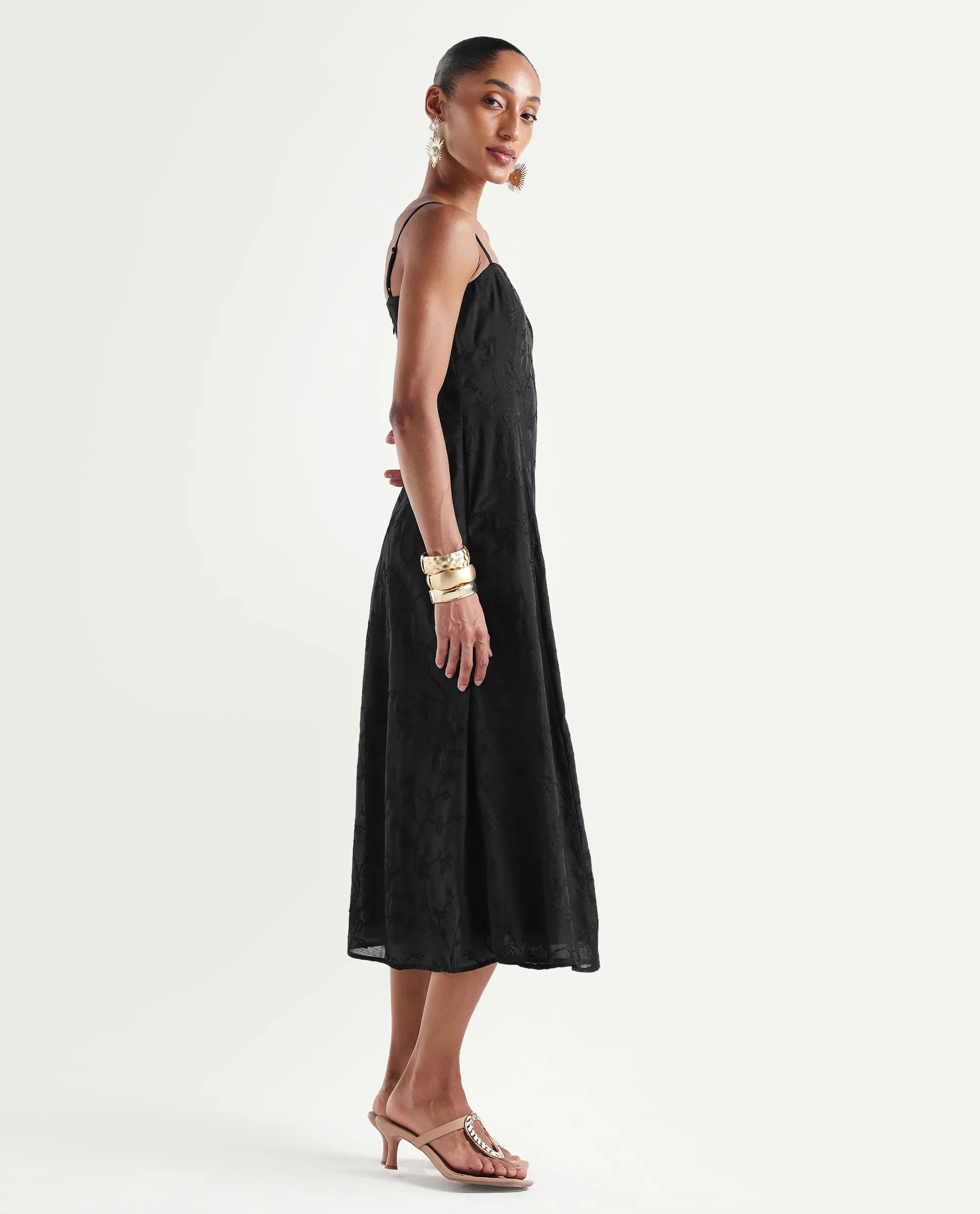 Rareism Women's Trini Dark Black Viscose Fit And Flare Plain Dress
