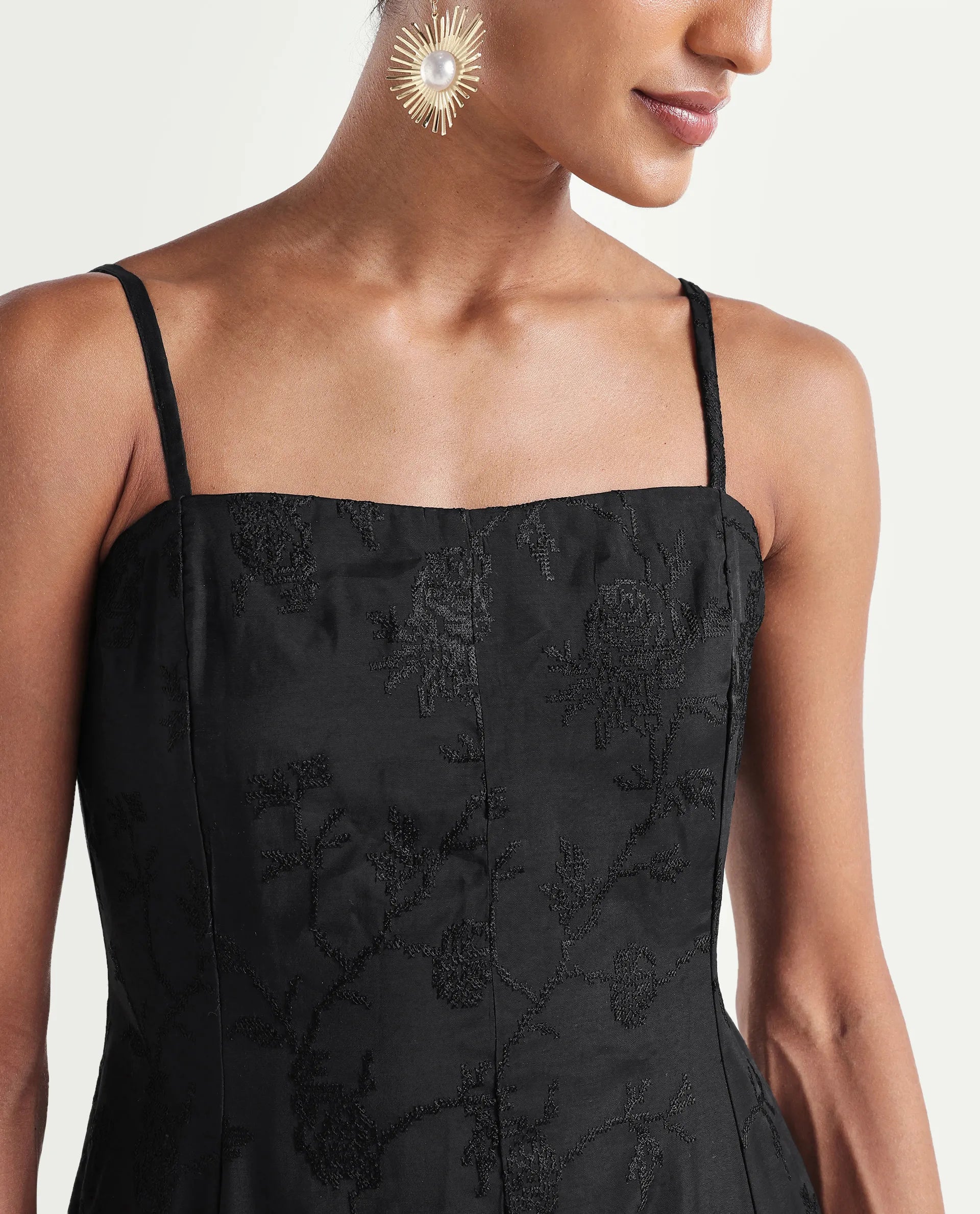 Rareism Women's Trini Dark Black Viscose Fit And Flare Plain Dress