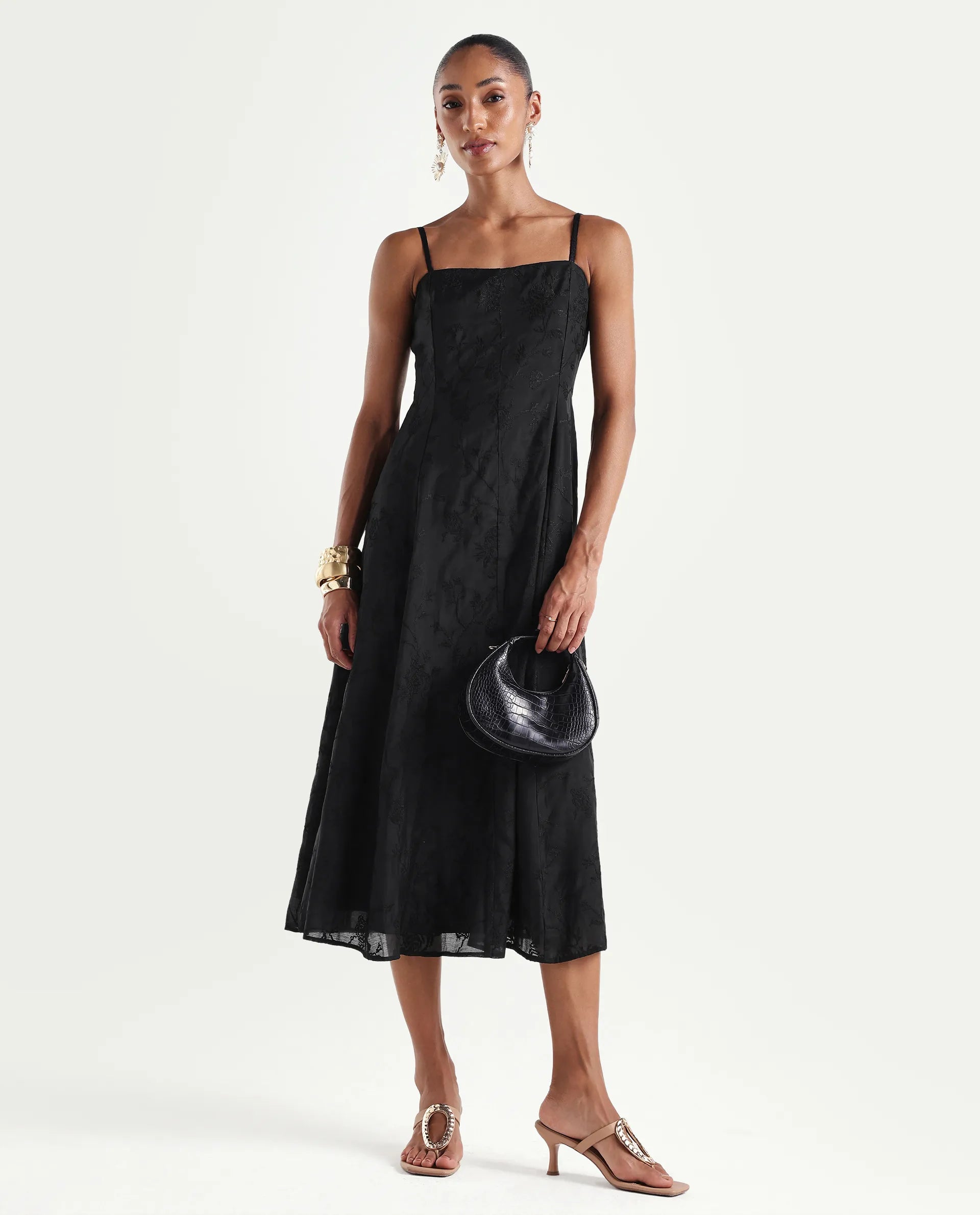 Rareism Women's Trini Dark Black Viscose Fit And Flare Plain Dress