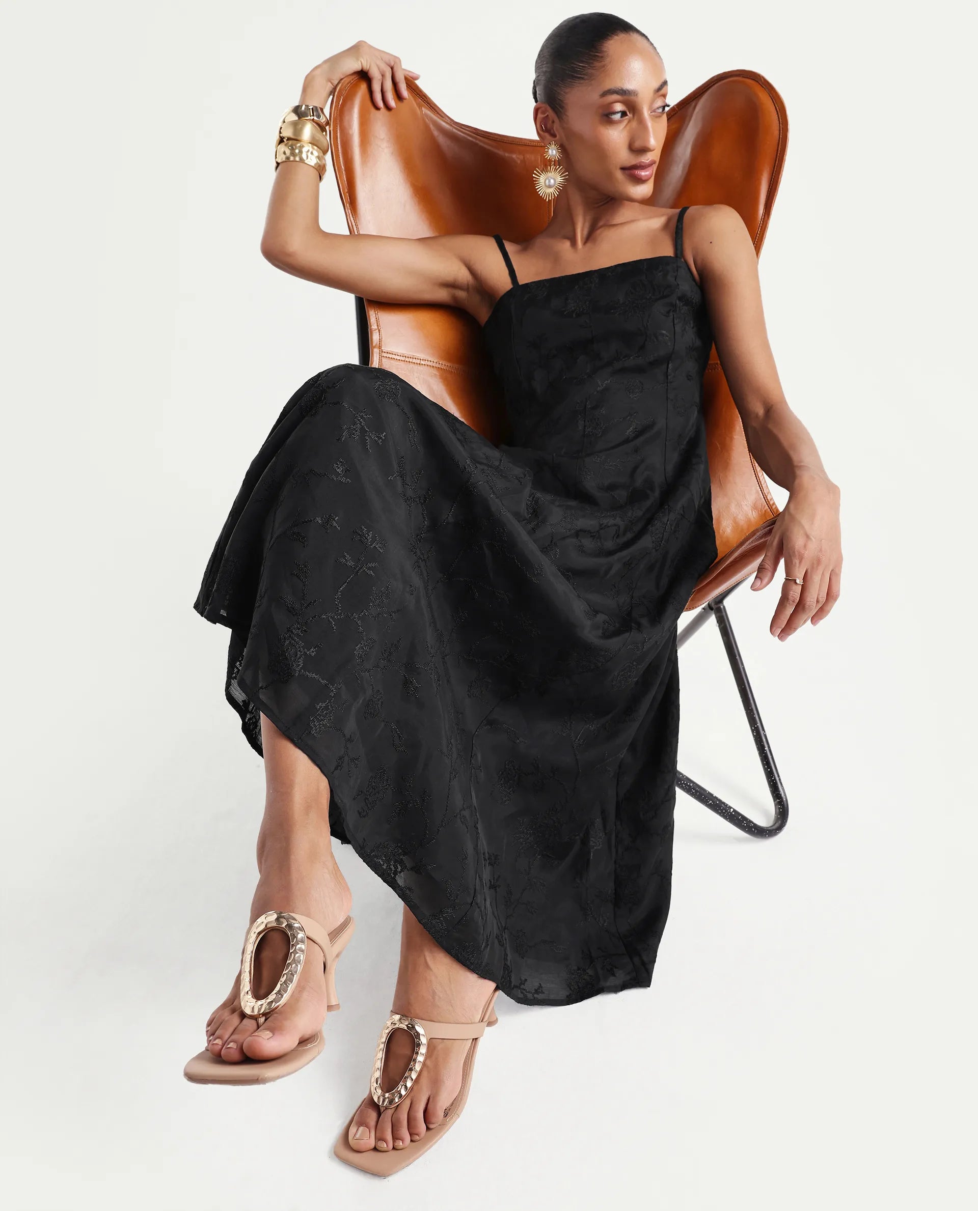 Rareism Women's Trini Dark Black Viscose Fit And Flare Plain Dress