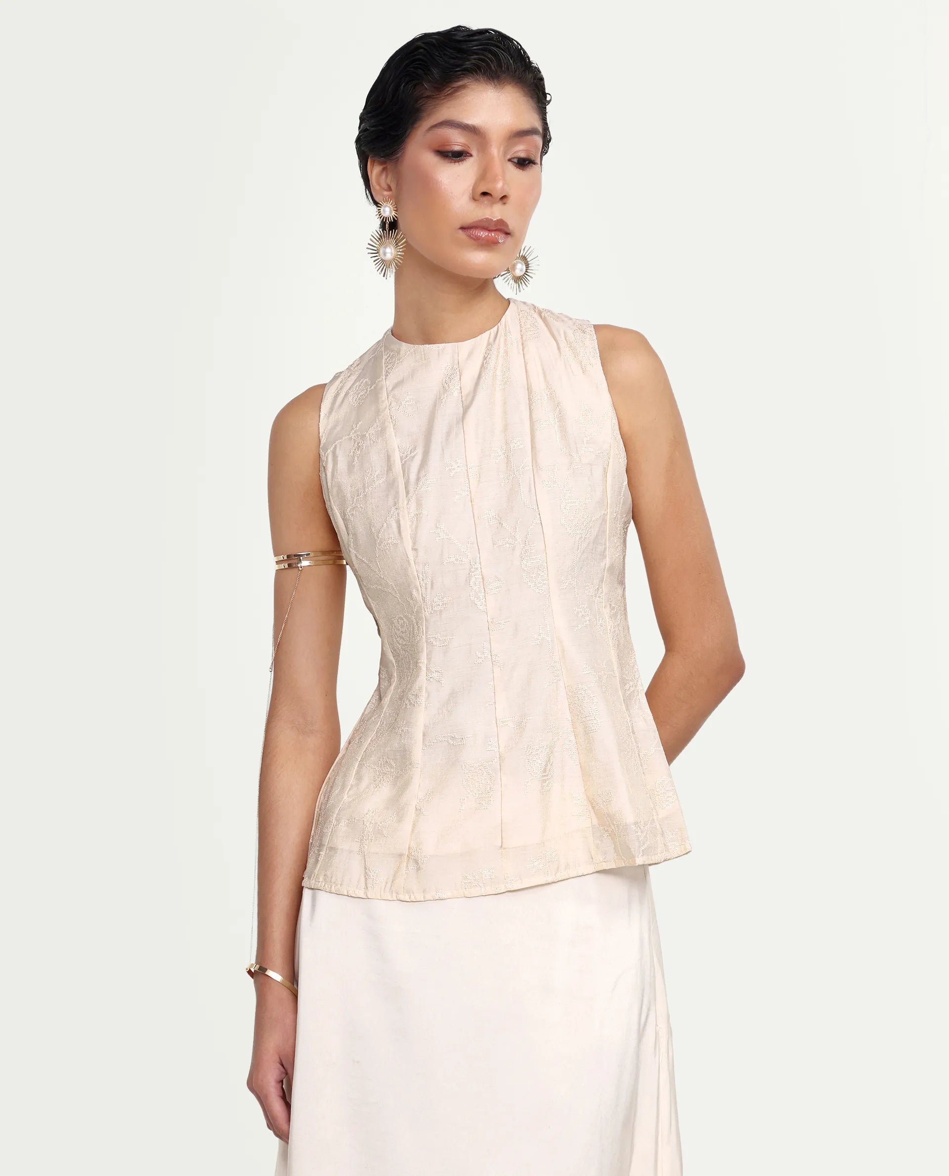 Rareism Women's Tish Pastel Beige Viscose Button And Zip Fit And Flare Plain Top