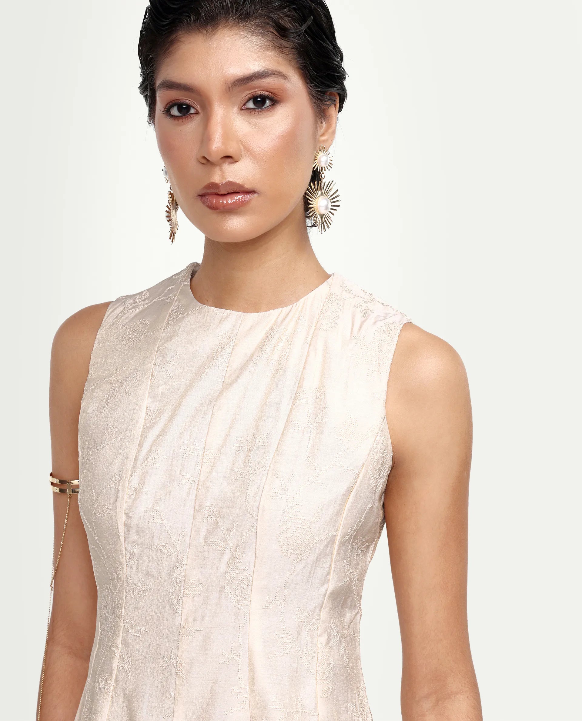 Rareism Women's Tish Pastel Beige Viscose Button And Zip Fit And Flare Plain Top