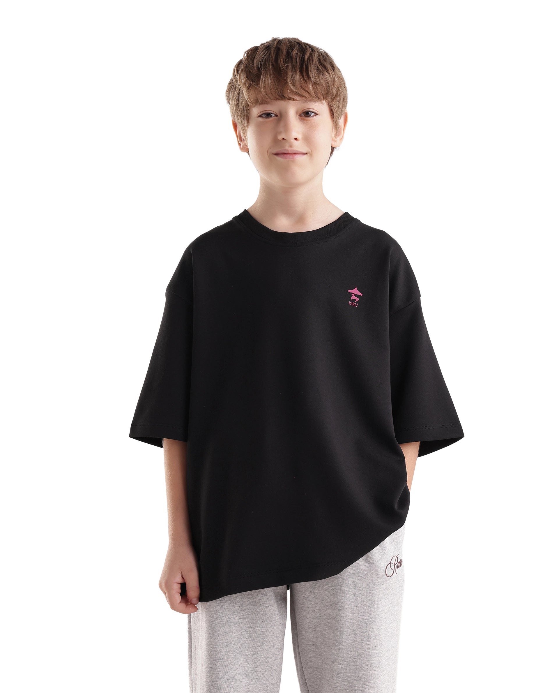 Rare Ones Kids Caro-K Black Cotton Blend Fabric Pull-On Closure Boxy Fit T-Shirt