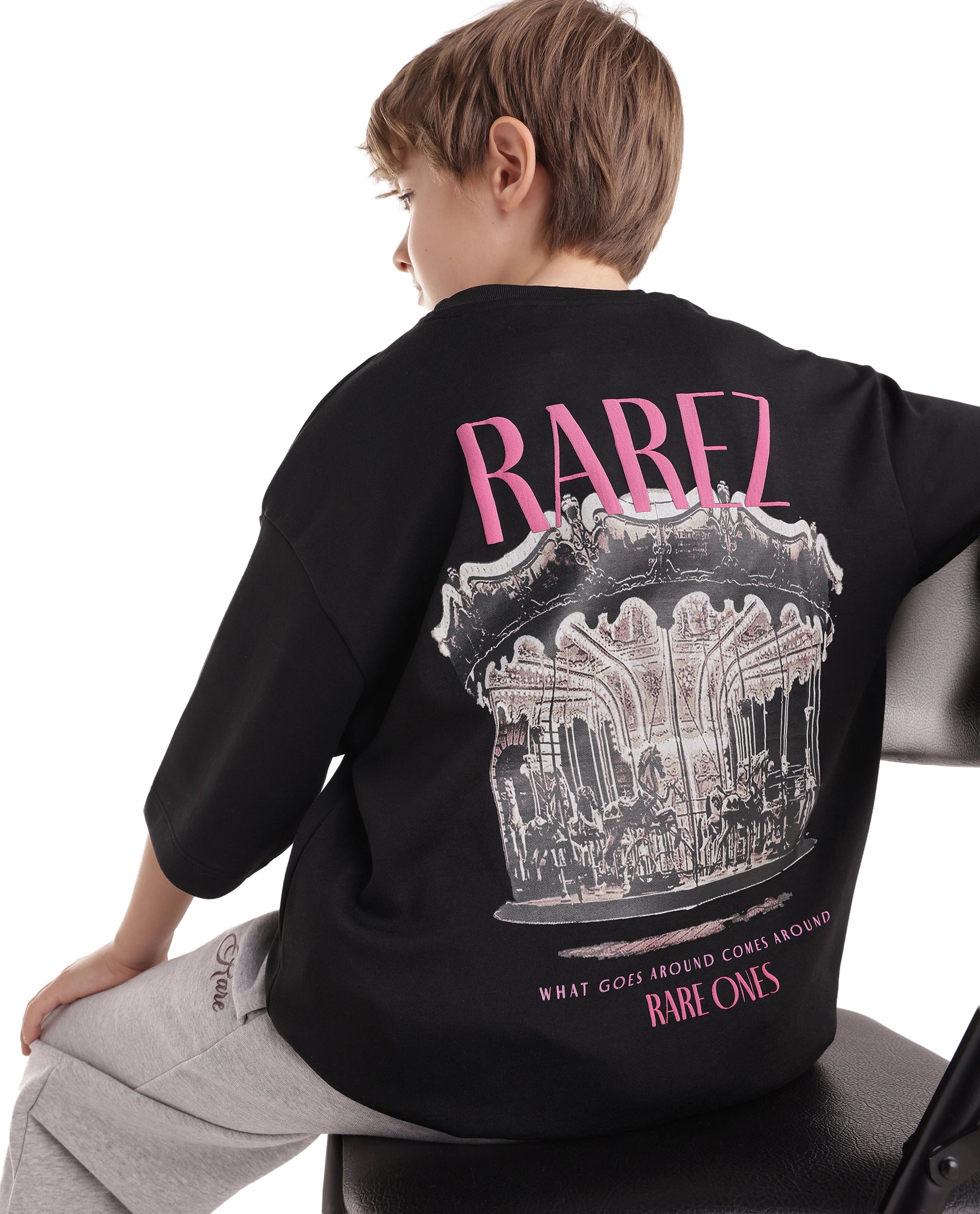 Rare Ones Kids Caro-K Black Cotton Blend Fabric Pull-On Closure Boxy Fit T-Shirt