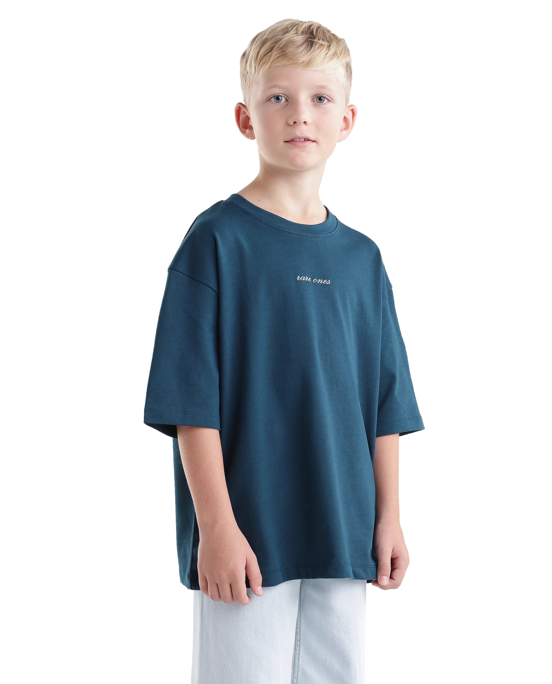 Rare Ones Kids Bonz Dark Teal Cotton Fabric Pull-On Closure Back Print Oversized Fit T-Shirt
