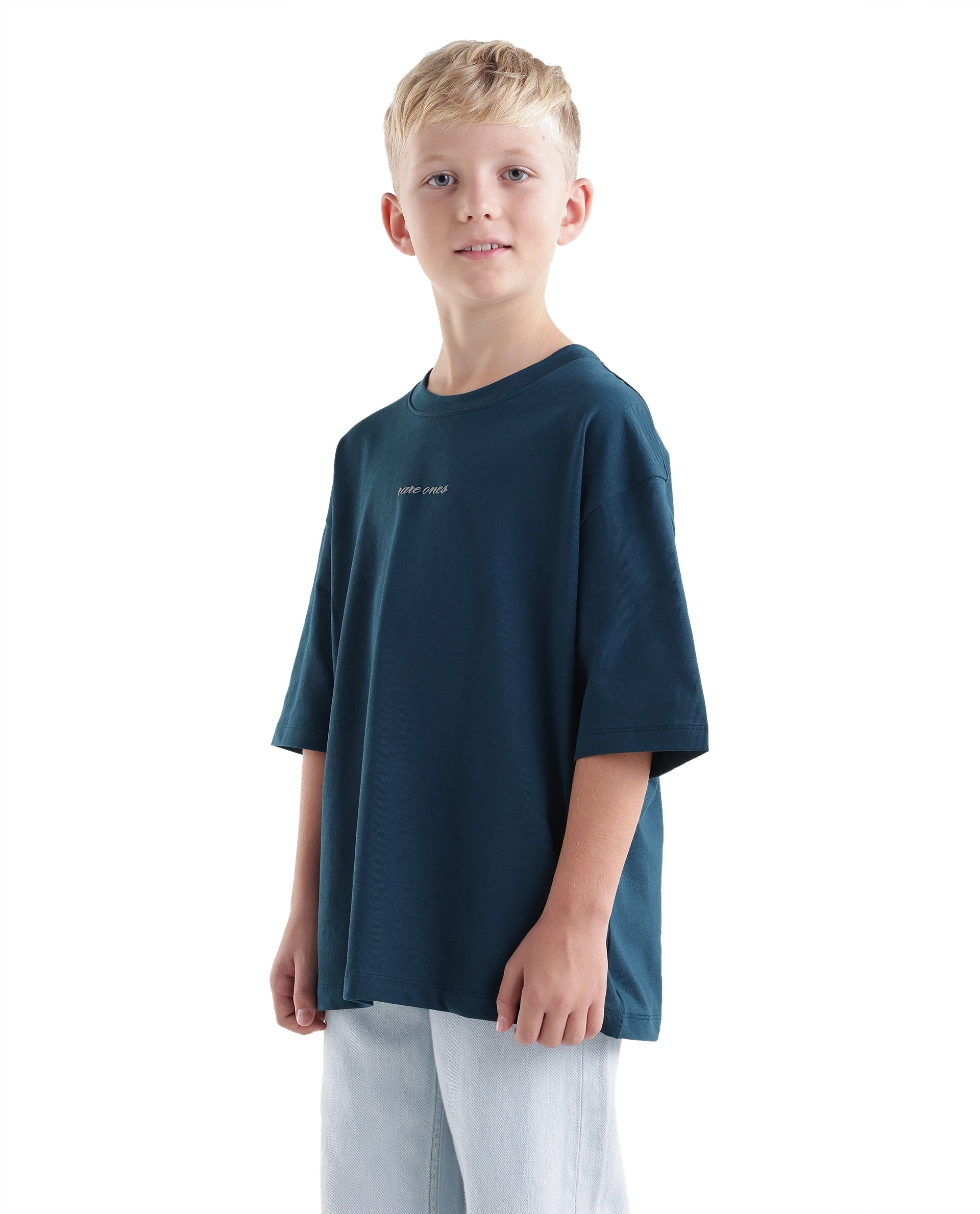 Rare Ones Kids Bonz Dark Teal Cotton Fabric Pull-On Closure Back Print Oversized Fit T-Shirt