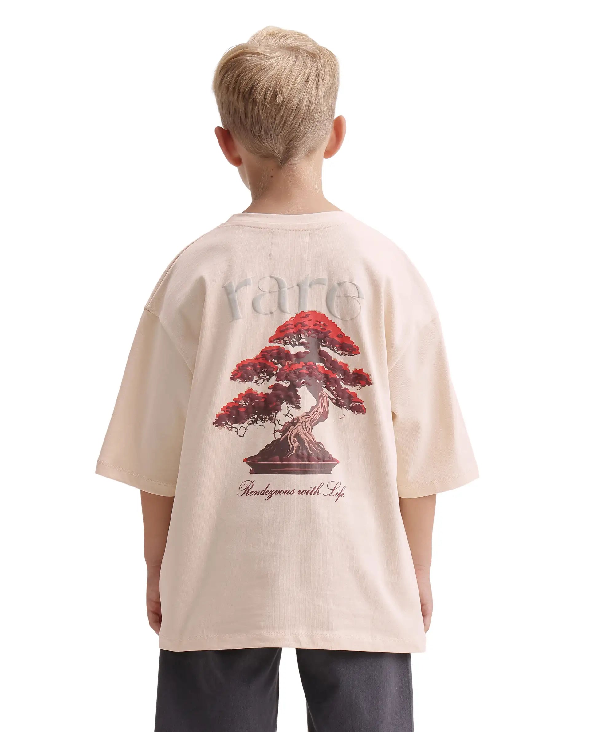 Rare Ones Kids Bonz Light Beige Cotton Fabric Pull-On Closure Back Print  Oversized Fit T-Shirt