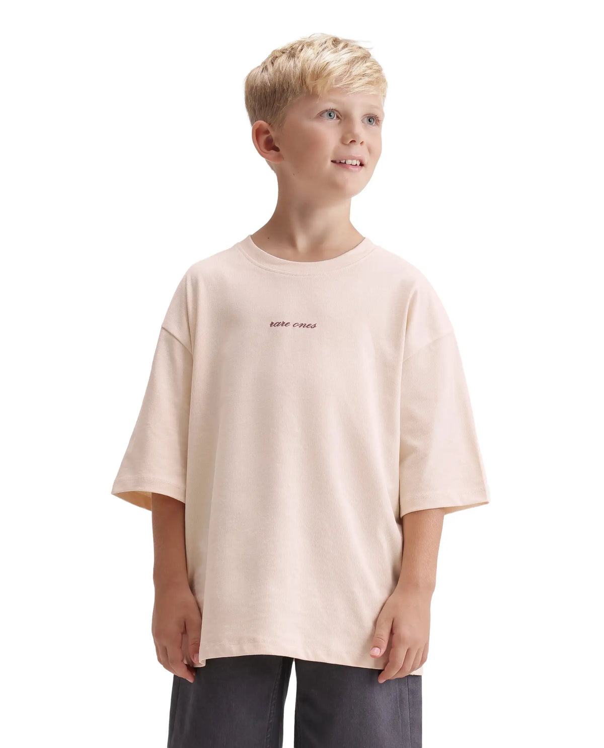 Rare Ones Kids Bonz Light Beige Cotton Fabric Pull-On Closure Back Print  Oversized Fit T-Shirt