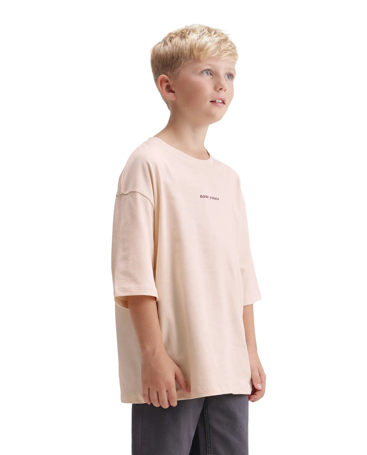 Rare Ones Kids Bonz Light Beige Cotton Fabric Pull-On Closure Back Print  Oversized Fit T-Shirt