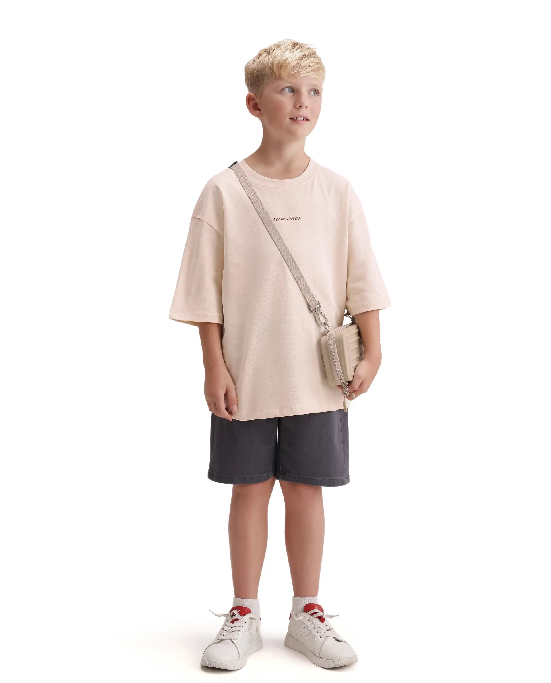 Rare Ones Kids Bonz Light Beige Cotton Fabric Pull-On Closure Back Print  Oversized Fit T-Shirt