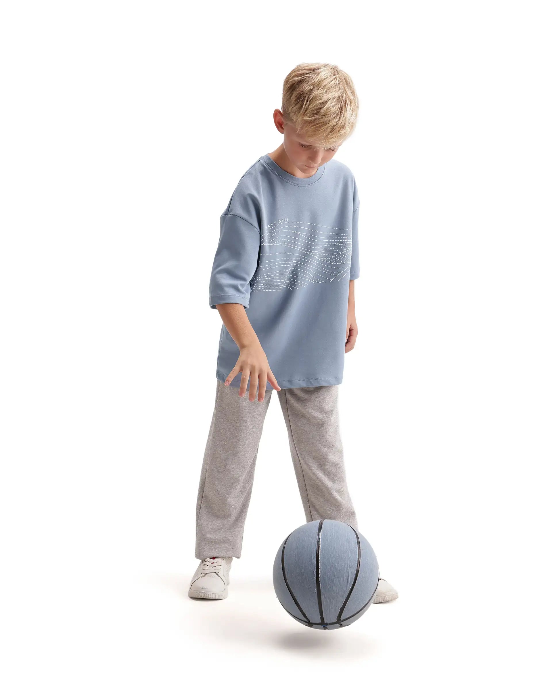 Rare Ones Kids Vint26-K Dusky Blue Cotton Blend Fabric Pull-On Closure Oversized Fit T-Shirt