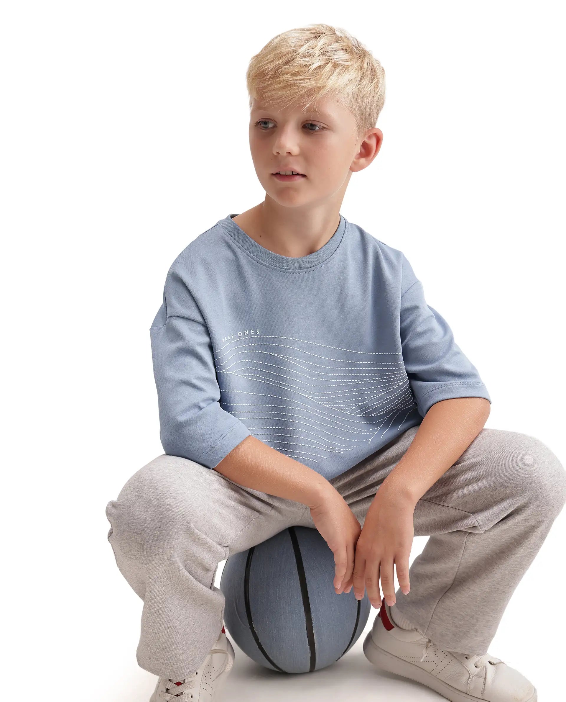 Rare Ones Kids Vint26-K Dusky Blue Cotton Blend Fabric Pull-On Closure Oversized Fit T-Shirt
