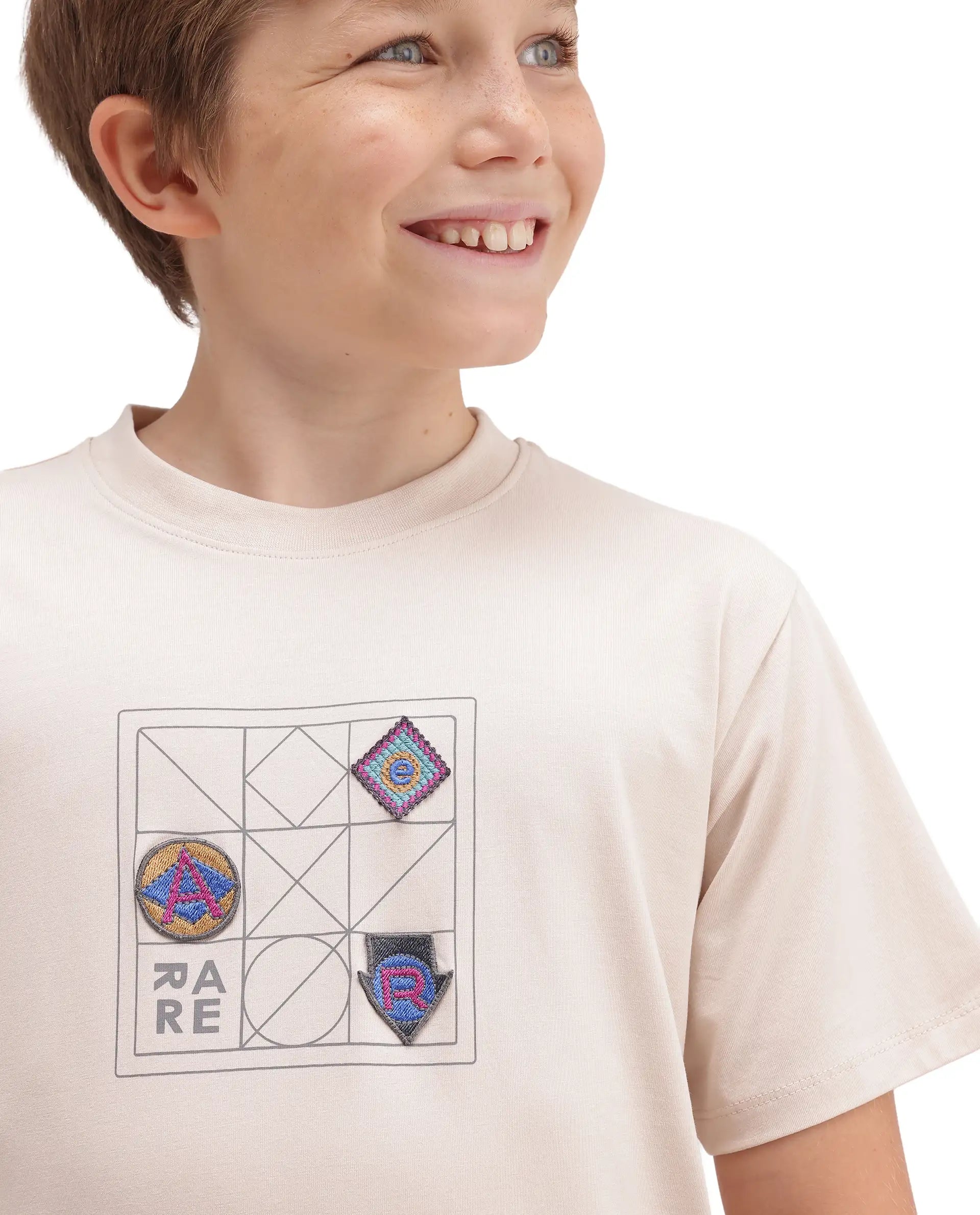 Rare Ones Kids Kart-K Light Beige Cotton Blend Fabric Pull-On Closure Regular Fit T-Shirt