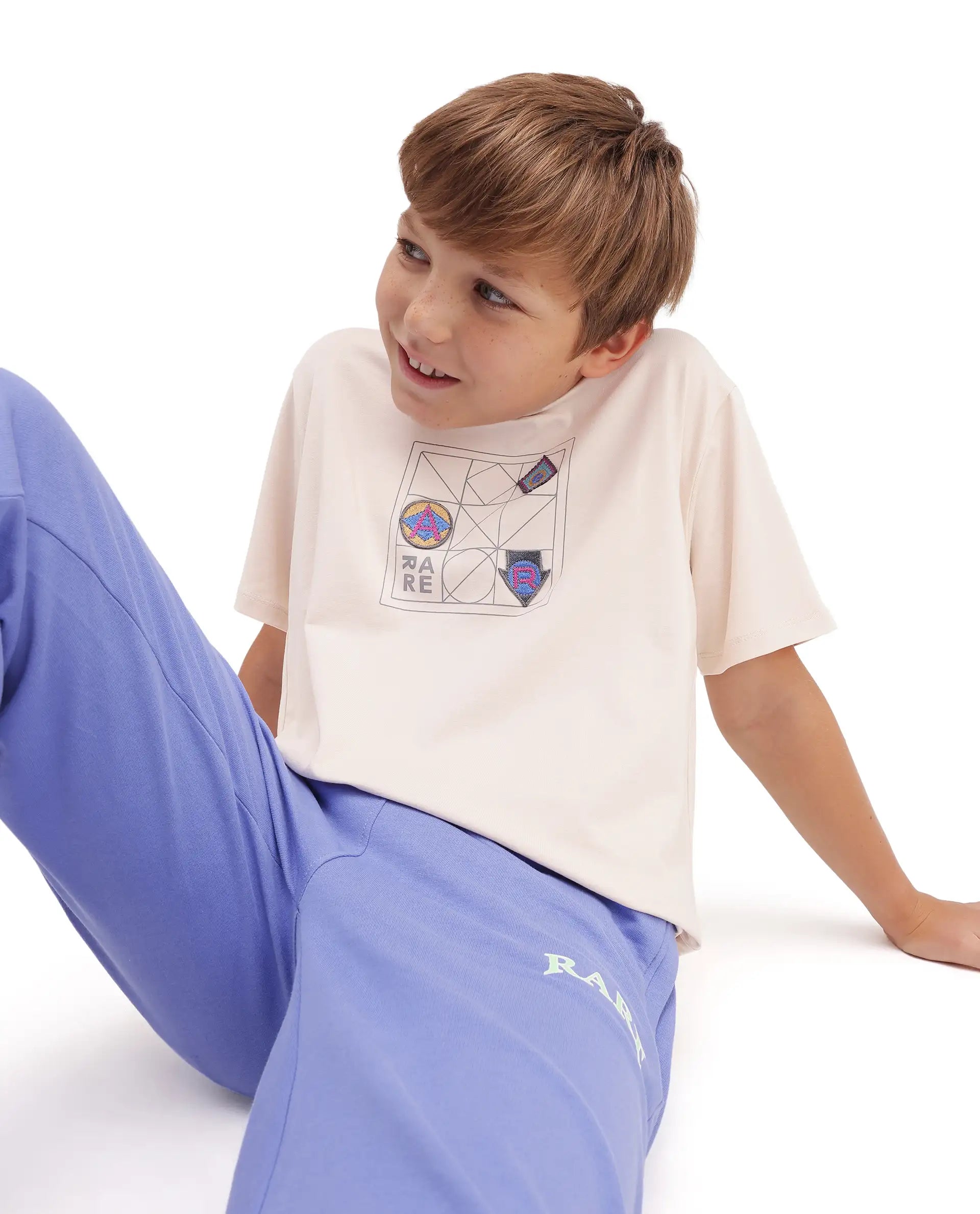Rare Ones Kids Kart-K Light Beige Cotton Blend Fabric Pull-On Closure Regular Fit T-Shirt