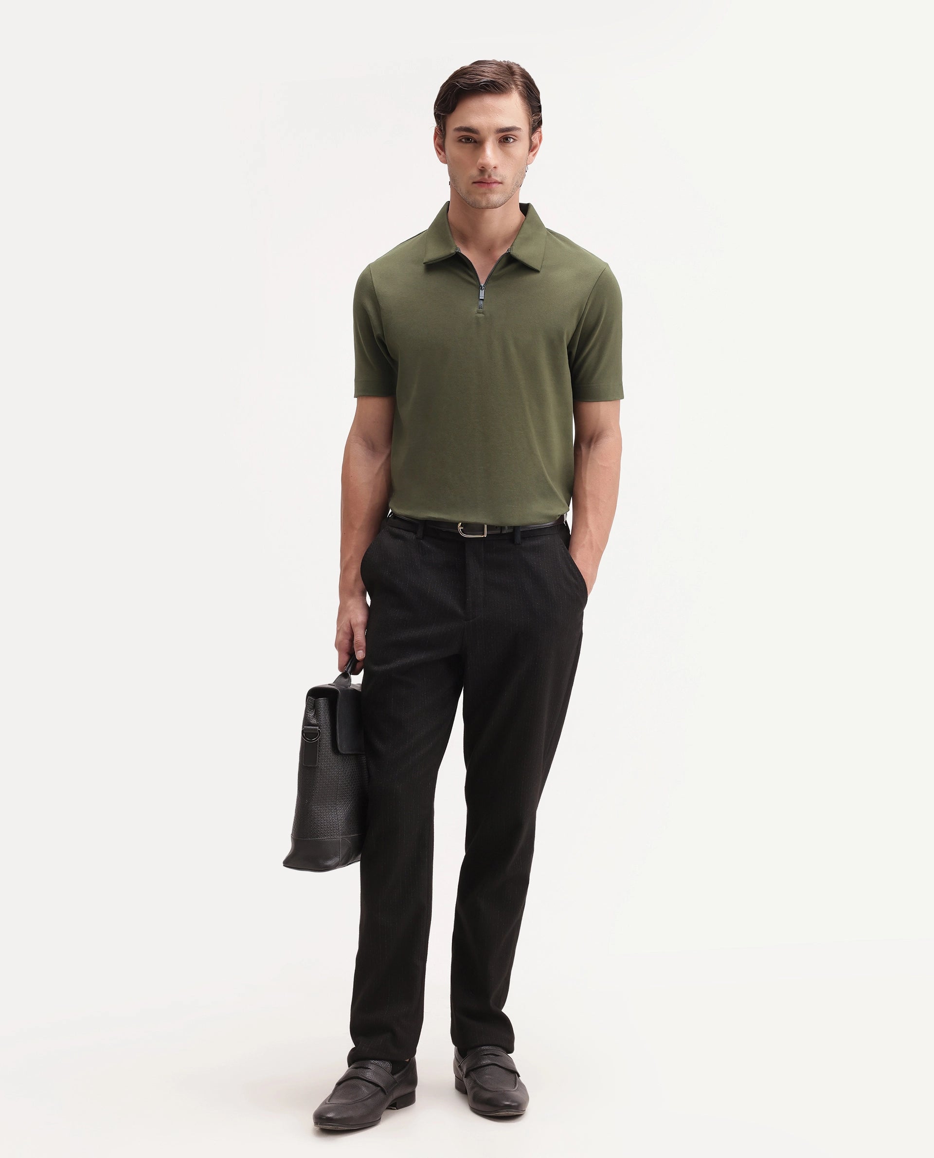 Rare Rabbit Men's Basic Rr-Corp-Cove Dark Olive Cotton Blend Spread Collar Regular Plain Polo