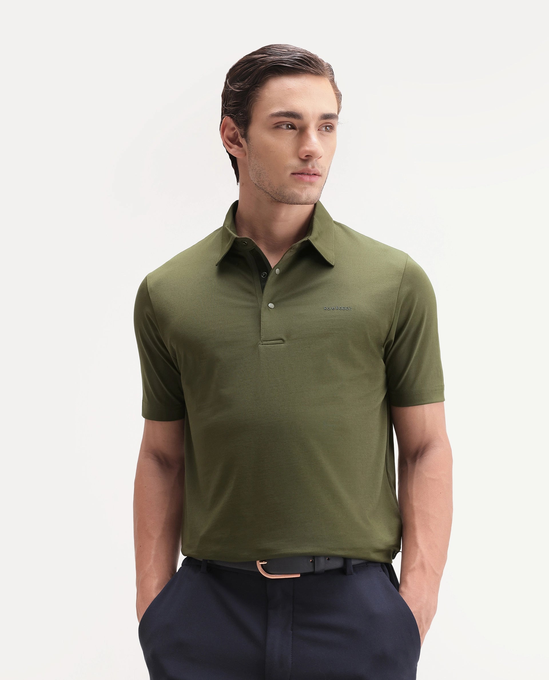Rare Rabbit Men's Basic Rr-Corp-Mero Olive Cotton Blend Spread Collar Regular Plain Polo