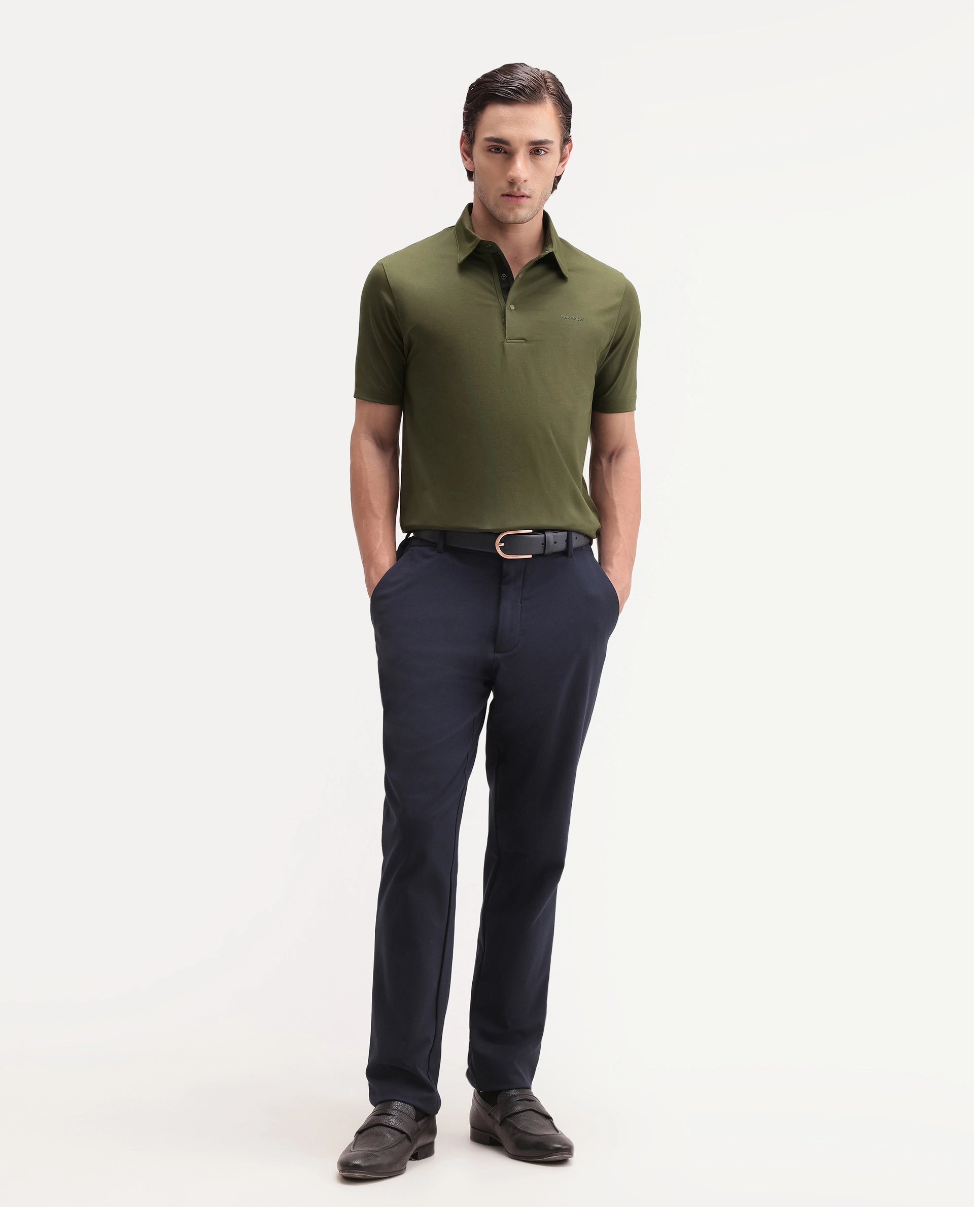 Rare Rabbit Men's Basic Rr-Corp-Mero Olive Cotton Blend Spread Collar Regular Plain Polo