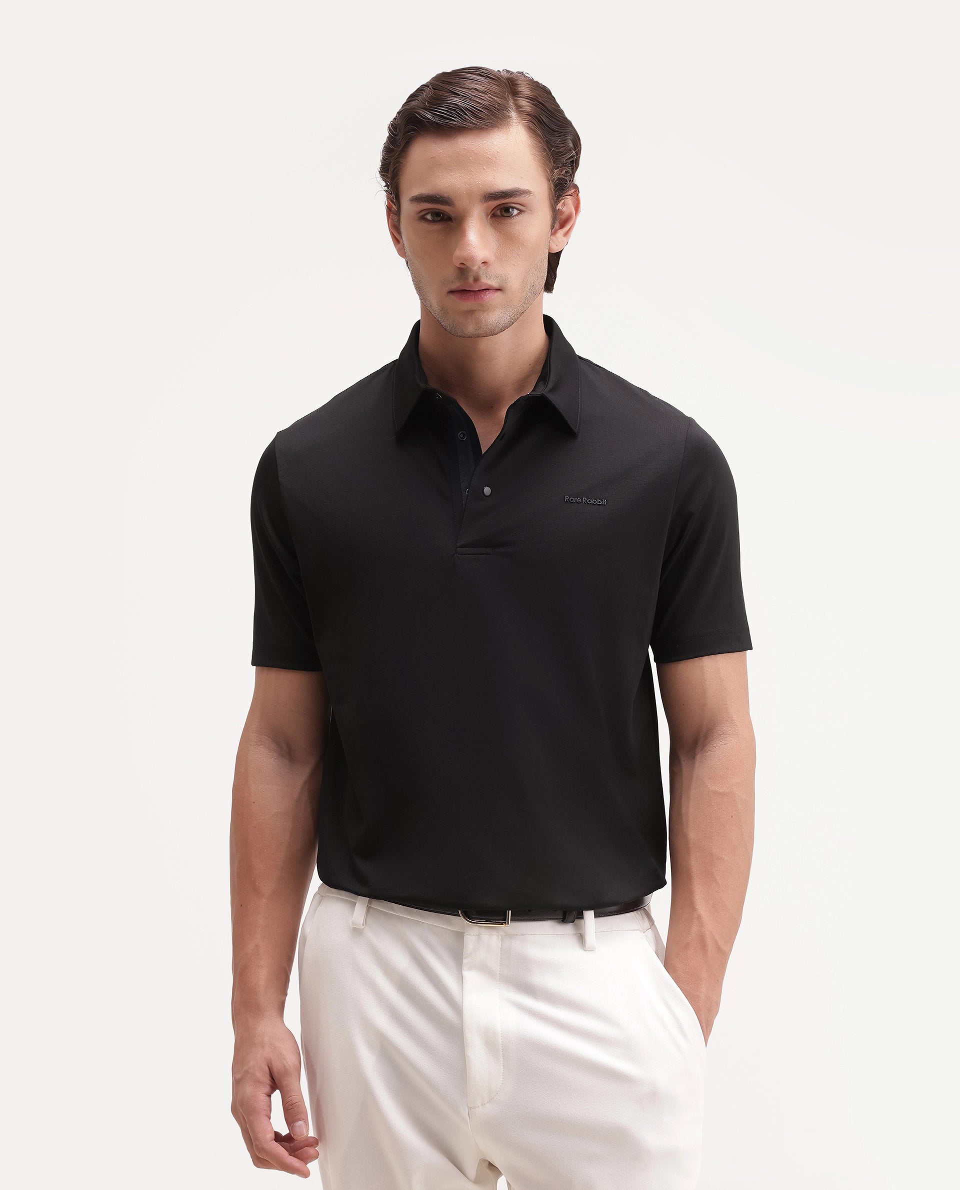 Rare Rabbit Men's Basic Rr-Corp-Mero Black Cotton Blend Spread Collar Regular Plain Polo