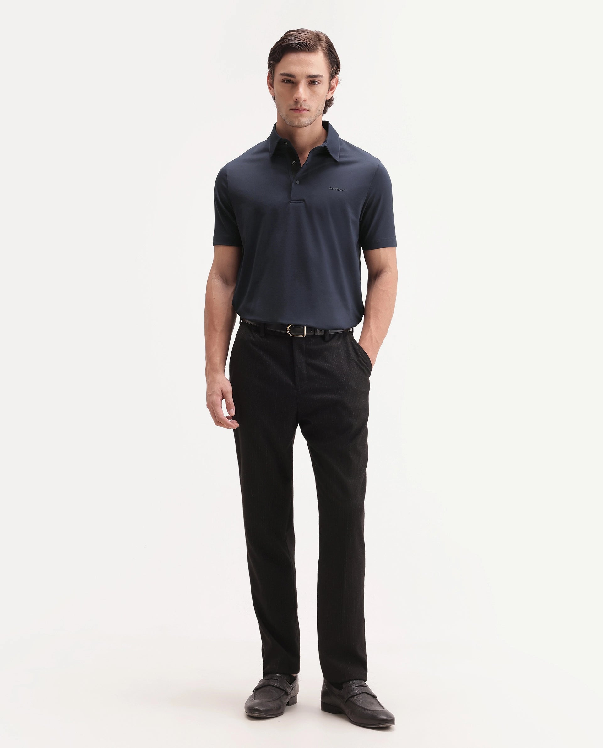 Rare Rabbit Men's Basic Rr-Corp-Mero Navy Cotton Blend Spread Collar Regular Plain Polo