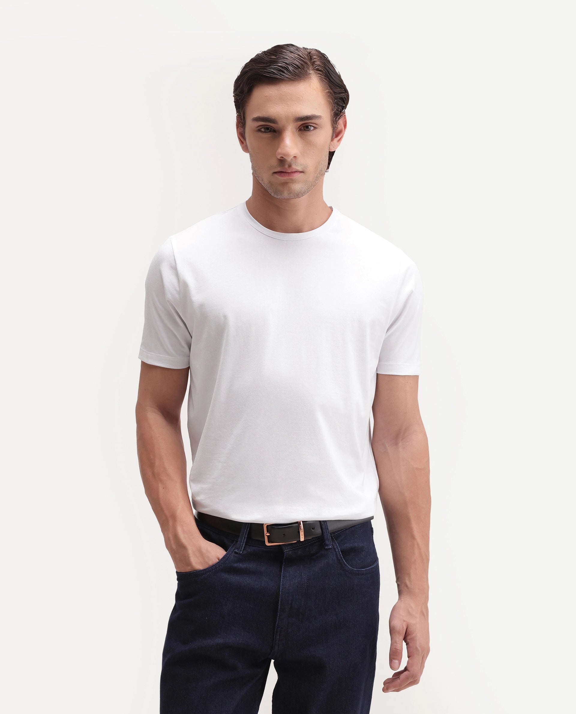 Rare Rabbit Men's Basic Rr-Corp-Rein White Cotton Blend Crew Neck Regular Plain T-Shirt
