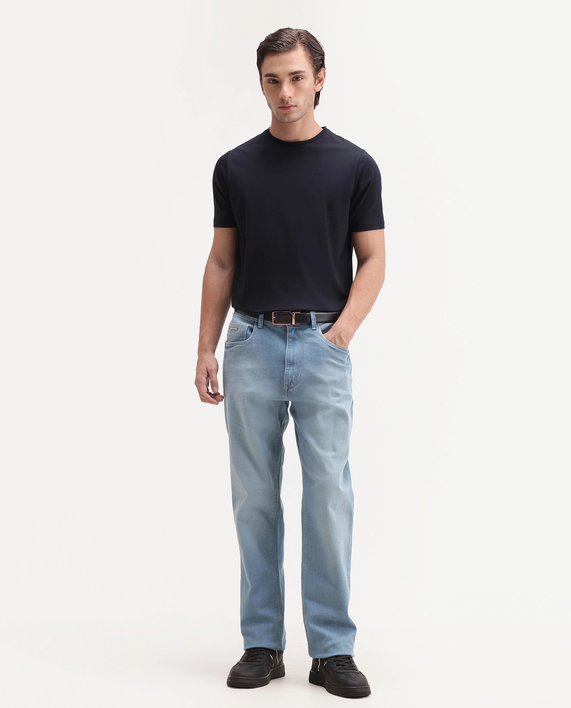 Rare Rabbit Men's Basic Rr-Corp-Rein Navy Cotton Blend Crew Neck Regular Plain T-Shirt