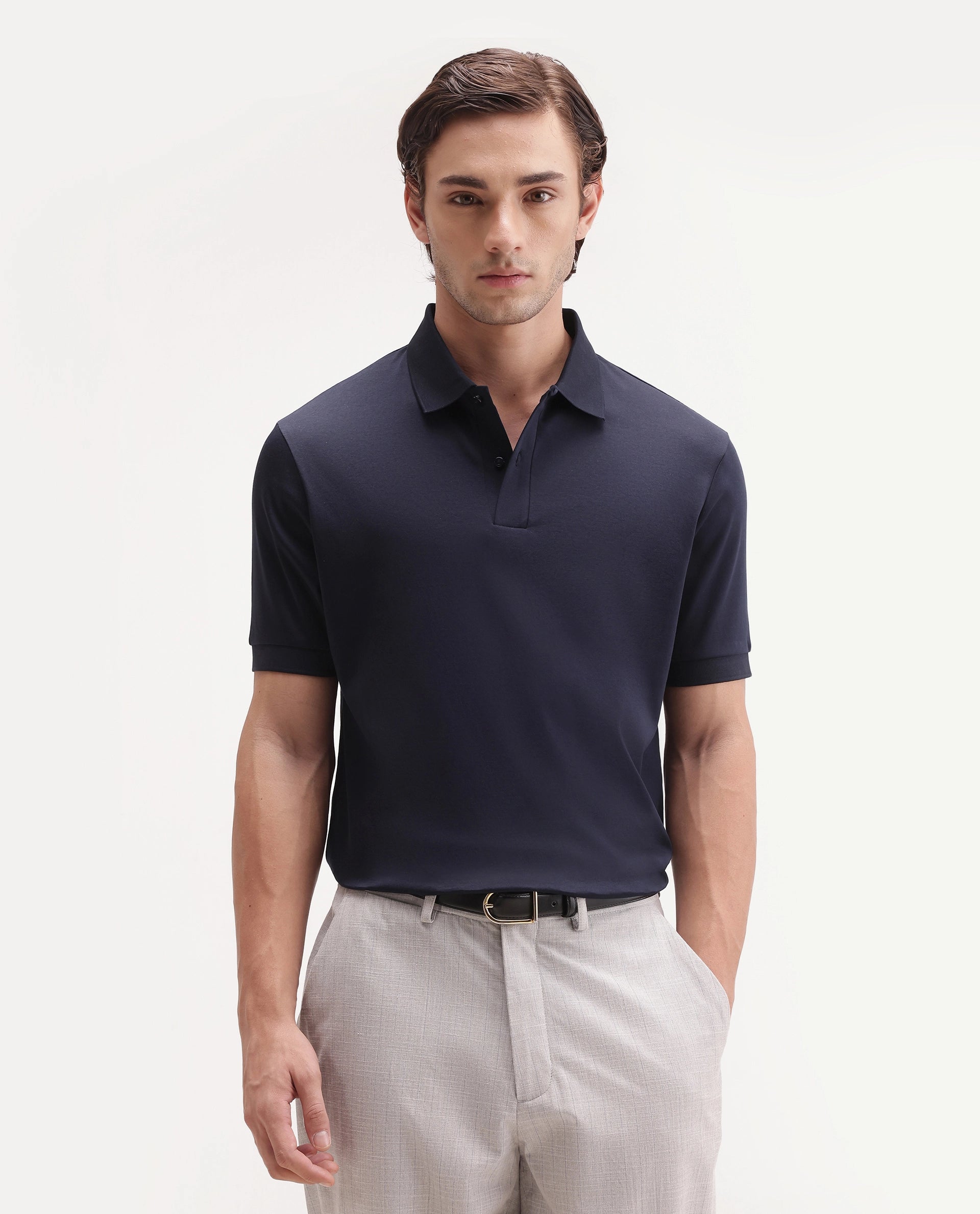 Rare Rabbit Men's Basic Rr-Corp-Tove Navy Cotton Spread Collar Regular Plain Polo