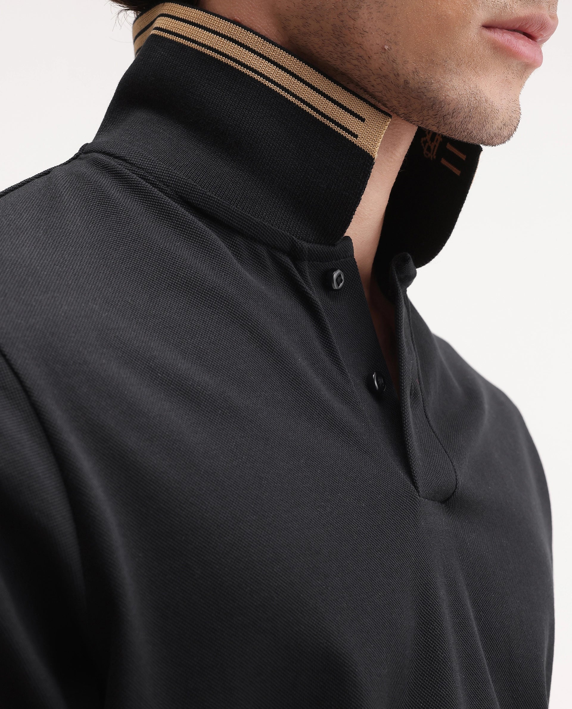 Rare Rabbit Men's Basic Rr-Corp-Gold Black Cotton Spread Collar Regular Plain Polo