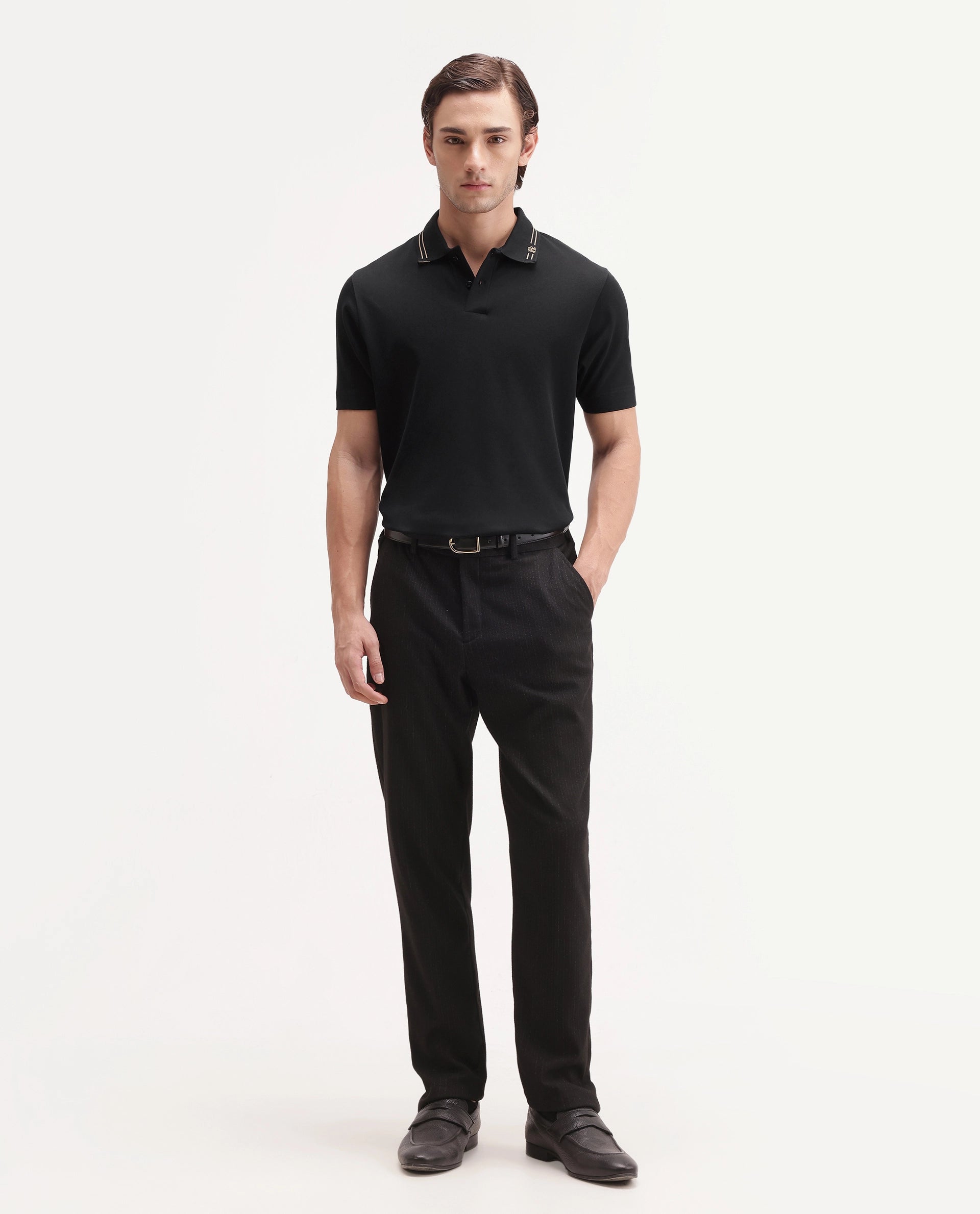 Rare Rabbit Men's Basic Rr-Corp-Gold Black Cotton Spread Collar Regular Plain Polo