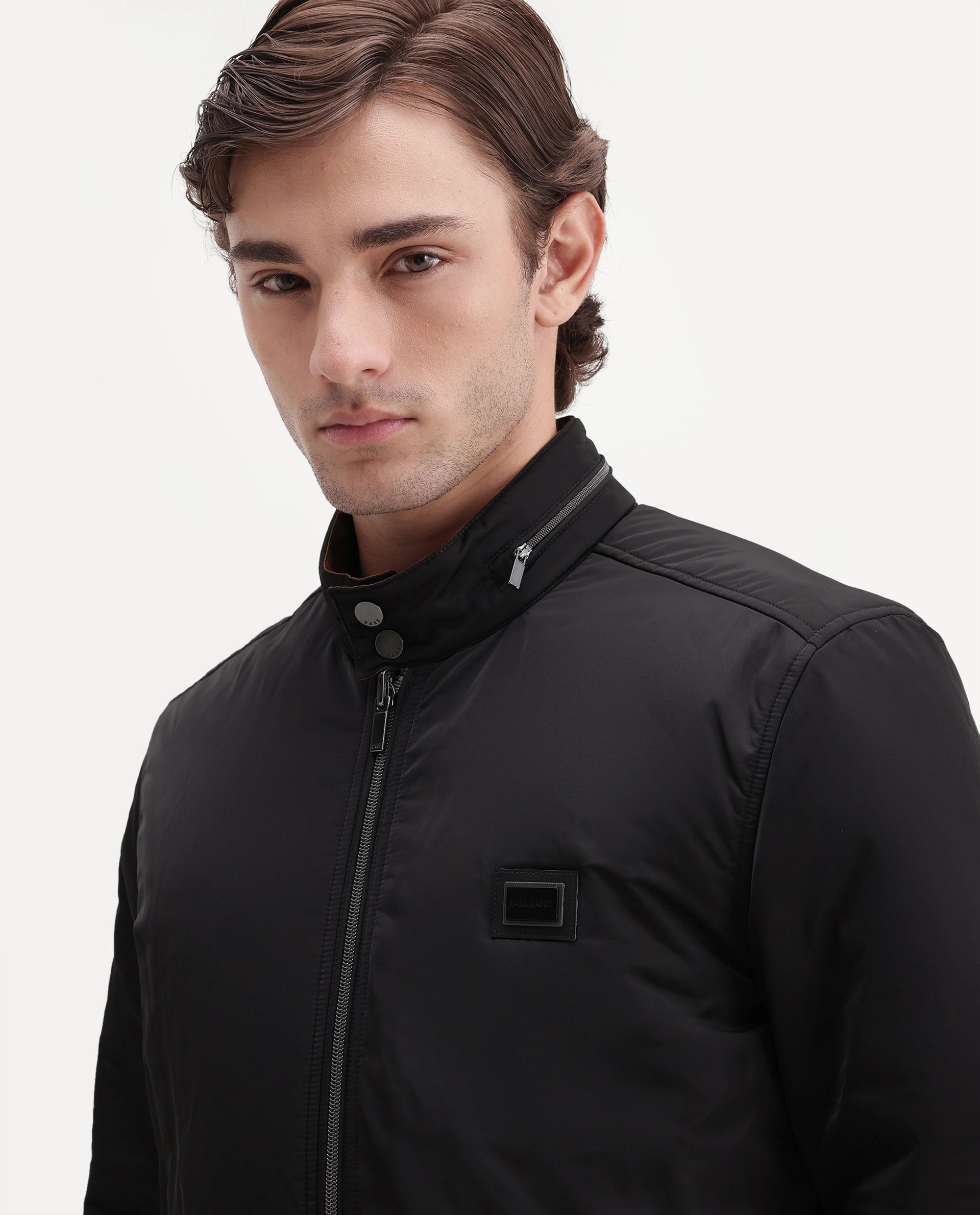 Rare Rabbit Men's Royban-26 Primary Black Polyester High Neck Regular Plain Jacket