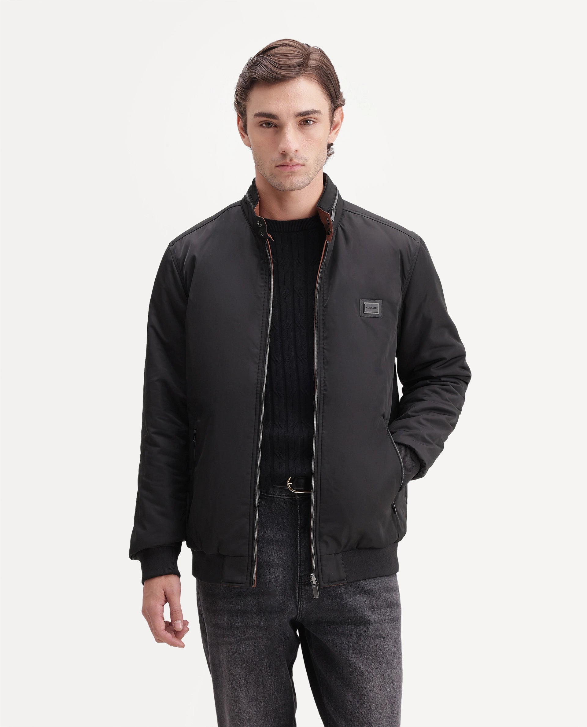 Rare Rabbit Men's Royban-26 Primary Black Polyester High Neck Regular Plain Jacket