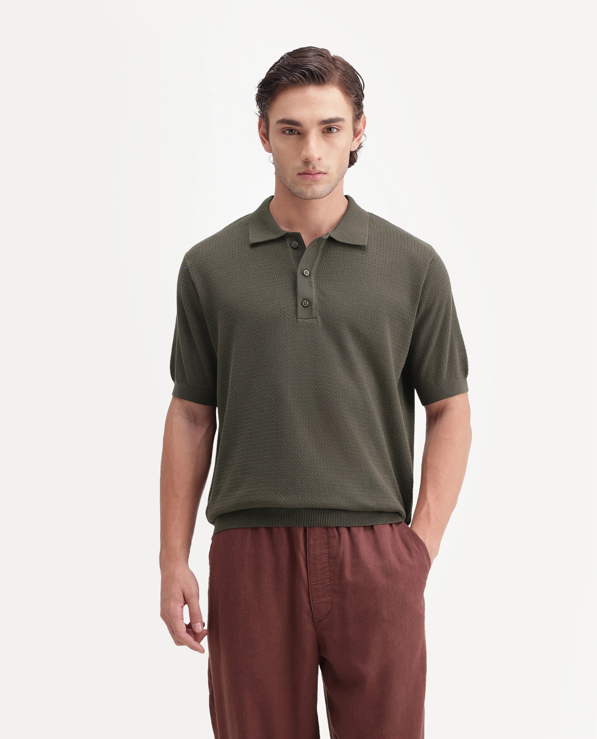 Rare Rabbit Men's Tine Dark Olive Cotton Spread Collar Regular Plain Polo