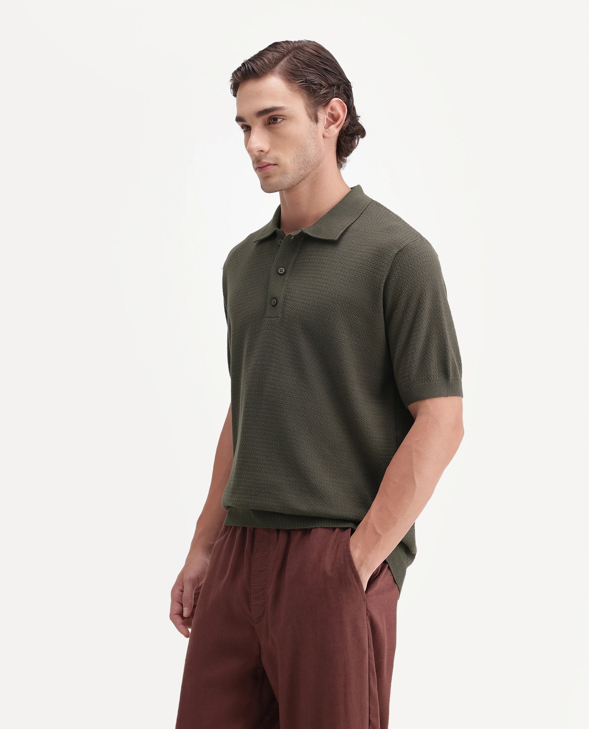 Rare Rabbit Men's Tine Dark Olive Cotton Spread Collar Regular Plain Polo