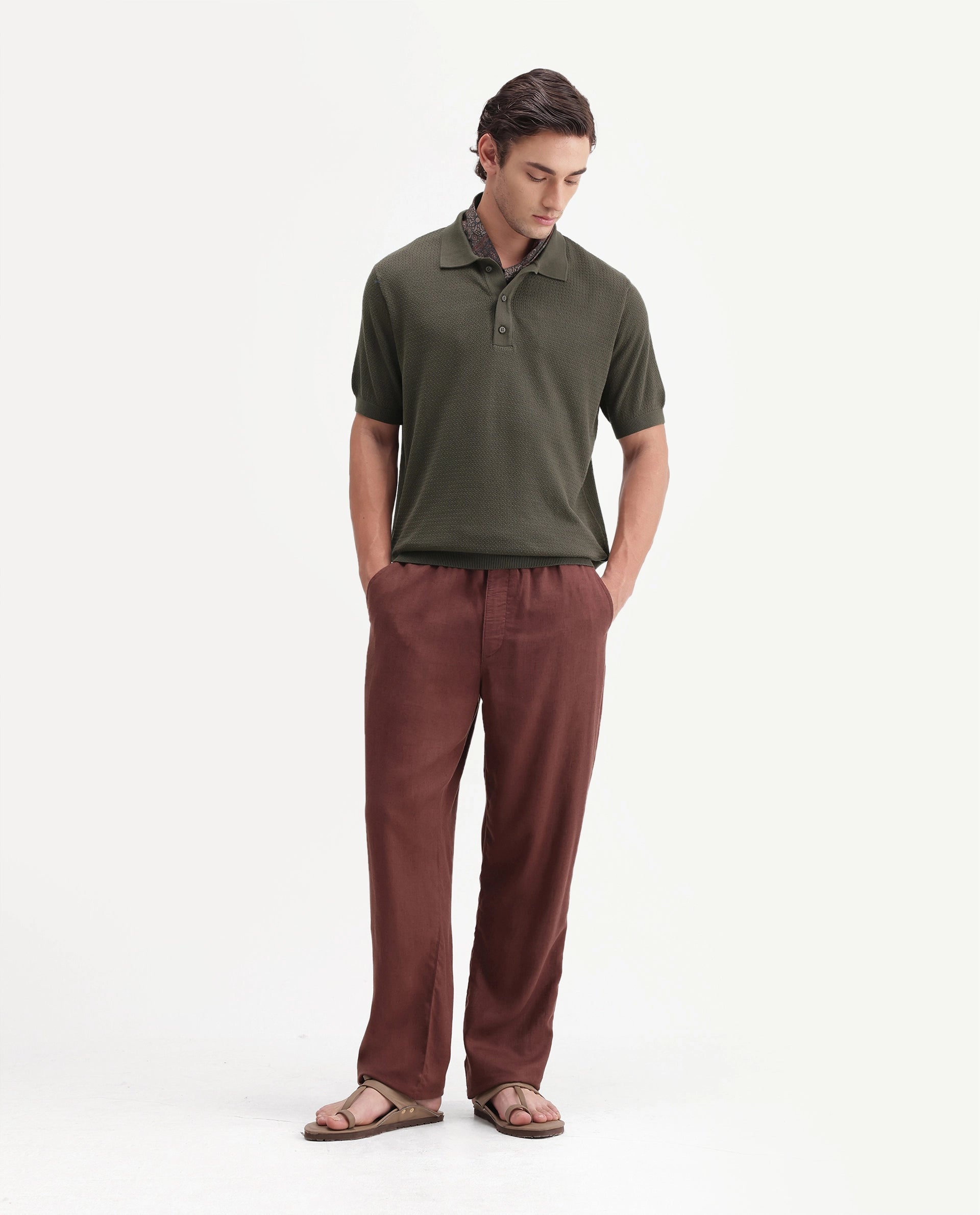 Rare Rabbit Men's Tine Dark Olive Cotton Spread Collar Regular Plain Polo